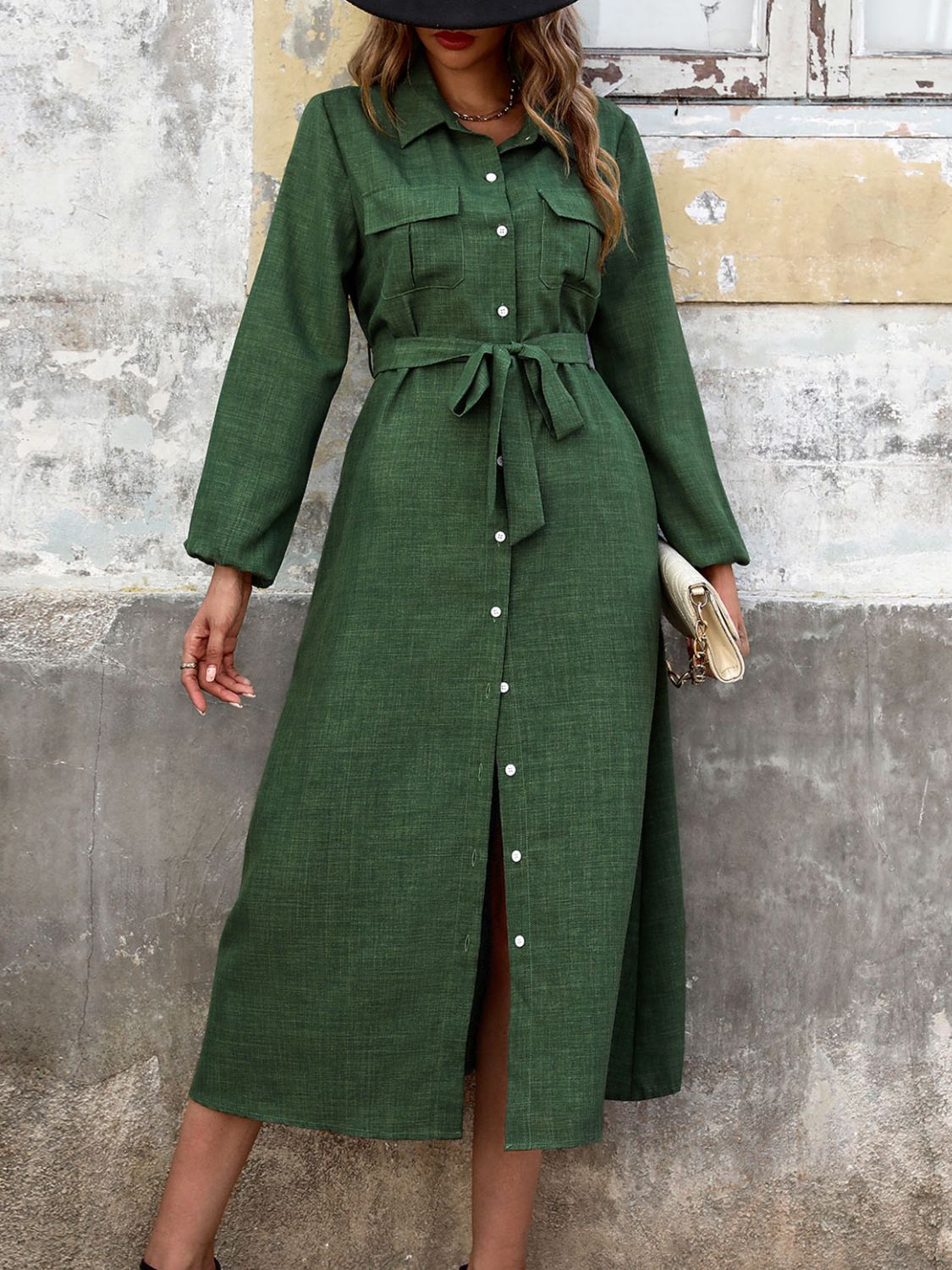 knee length dresses for ladies Collared Neck Long Sleeve Midi Shirt Dress Black Forest / M