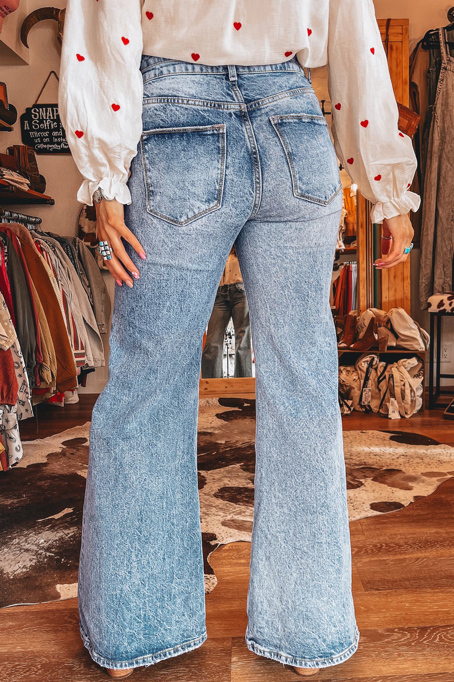 Beau Blue Acid Wash Pocket Detail Flare Jeans-Bottoms/Jeans-[Adult]-[Female]-2022 Online Blue Zone Planet