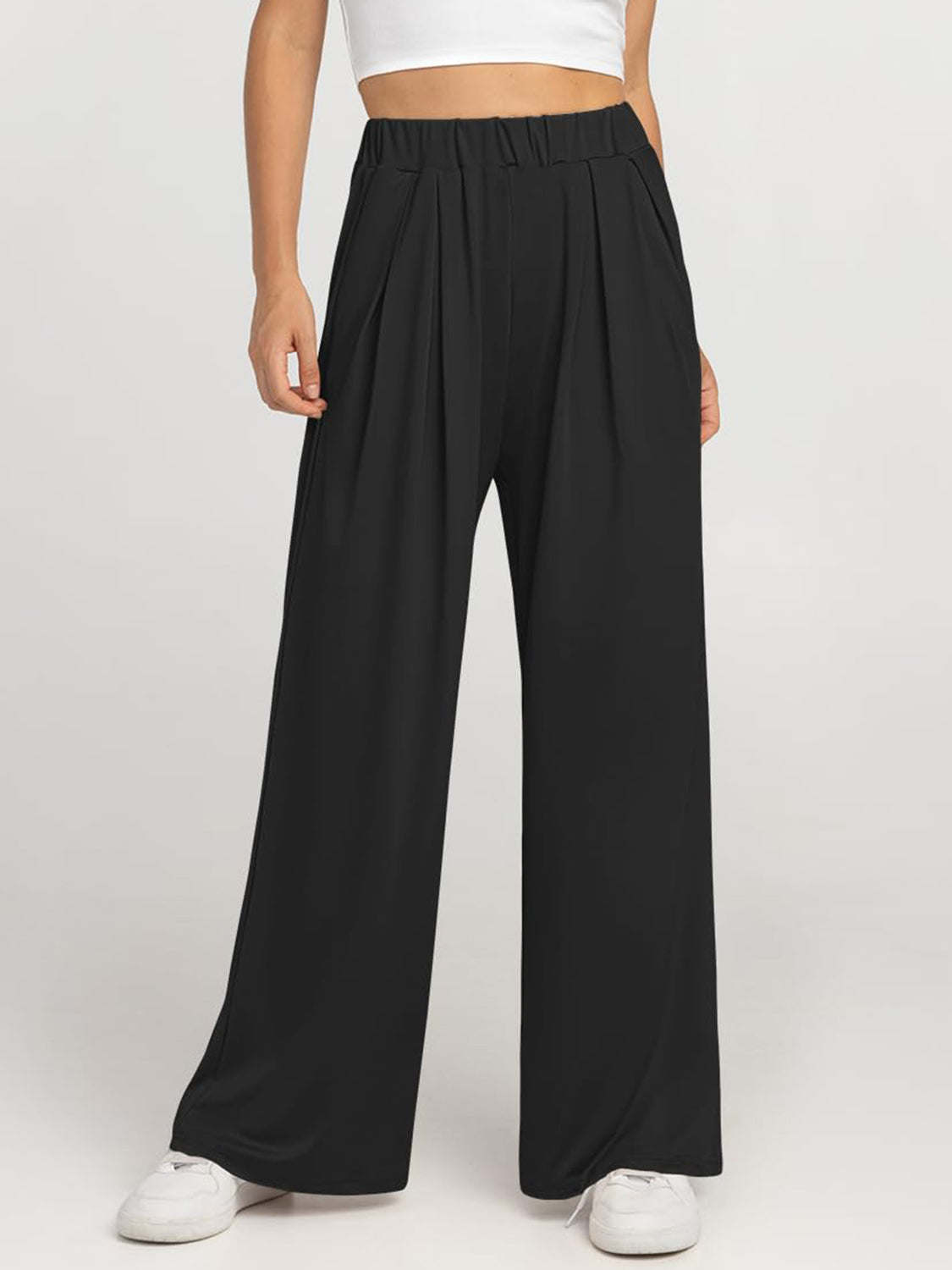 Elastic Waist Wide Leg Pants-BOTTOMS SIZES SMALL MEDIUM LARGE-[Adult]-[Female]-Black-XS-2022 Online Blue Zone Planet