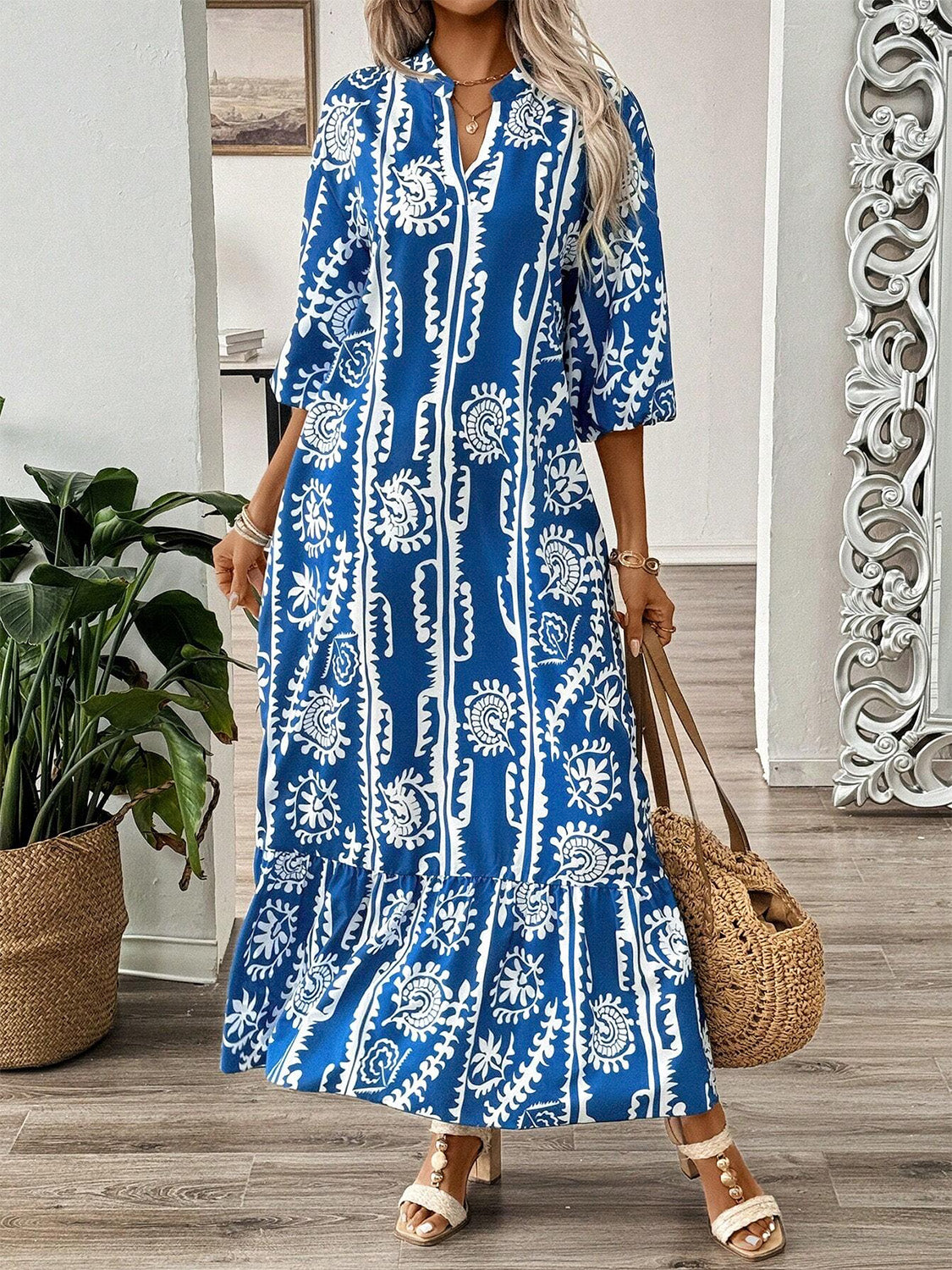 Printed Notched Half Sleeve Maxi Dress-TOPS / DRESSES-[Adult]-[Female]-2022 Online Blue Zone Planet