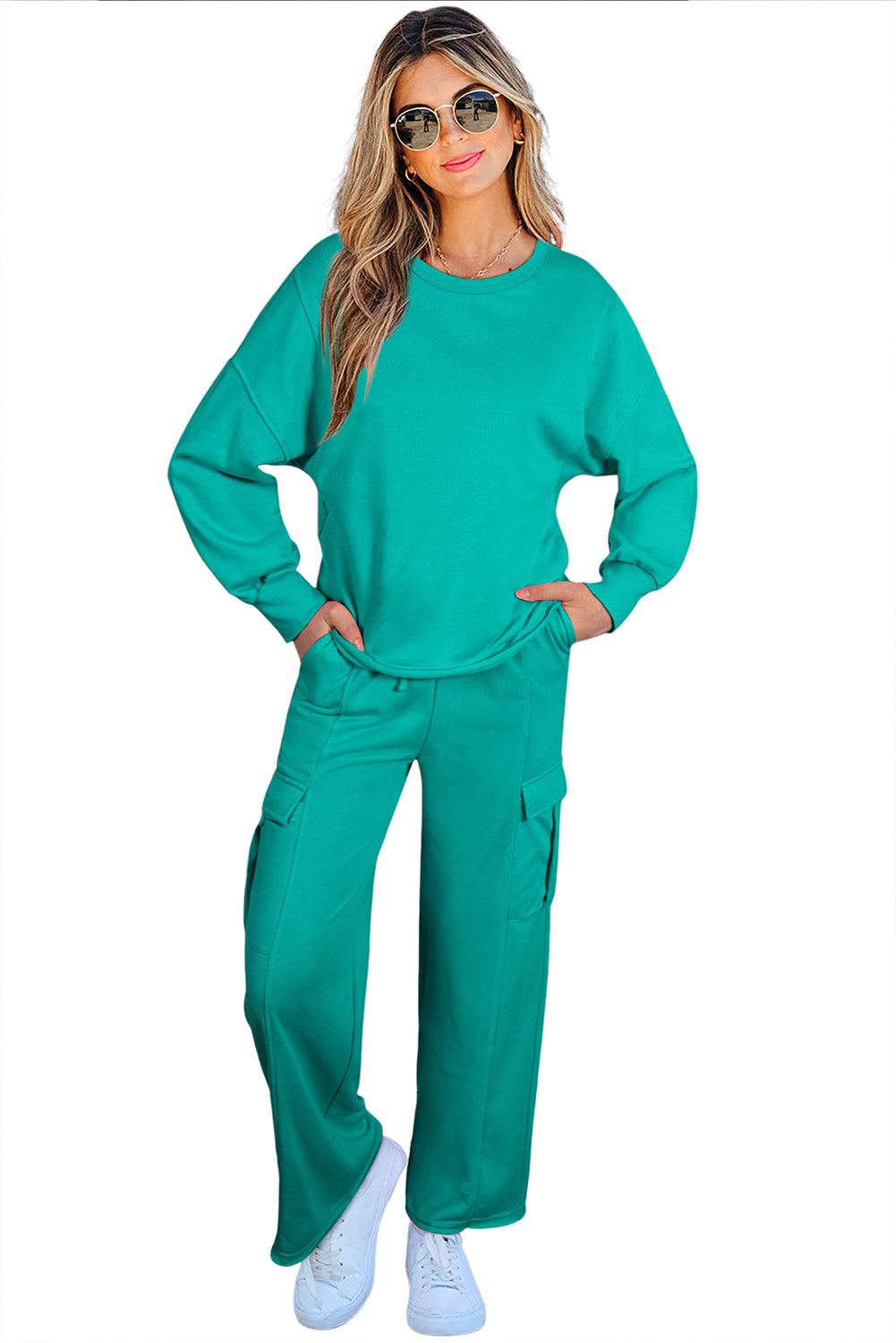 Blue Zone Planet | Solid Color Pullover Top And Cargo Pants Set-Two Piece Sets/Pant Sets-[Adult]-[Female]-2022 Online Blue Zone Planet