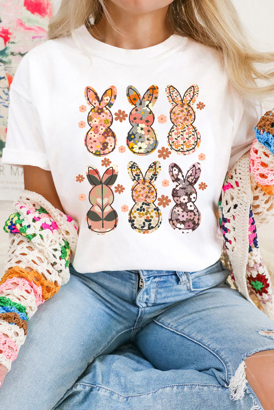 White Floral Bunny Graphic Crewneck Easter Fashion Tee-Graphic/Graphic Tees-[Adult]-[Female]-White-S-2022 Online Blue Zone Planet