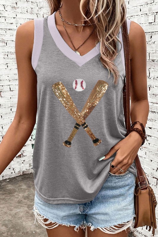 Gray Sequined Baseball Bat Graphic Ribbed Trim Casual Tank Top-Graphic/Graphic Tank Tops-[Adult]-[Female]-Gray-S-2022 Online Blue Zone Planet