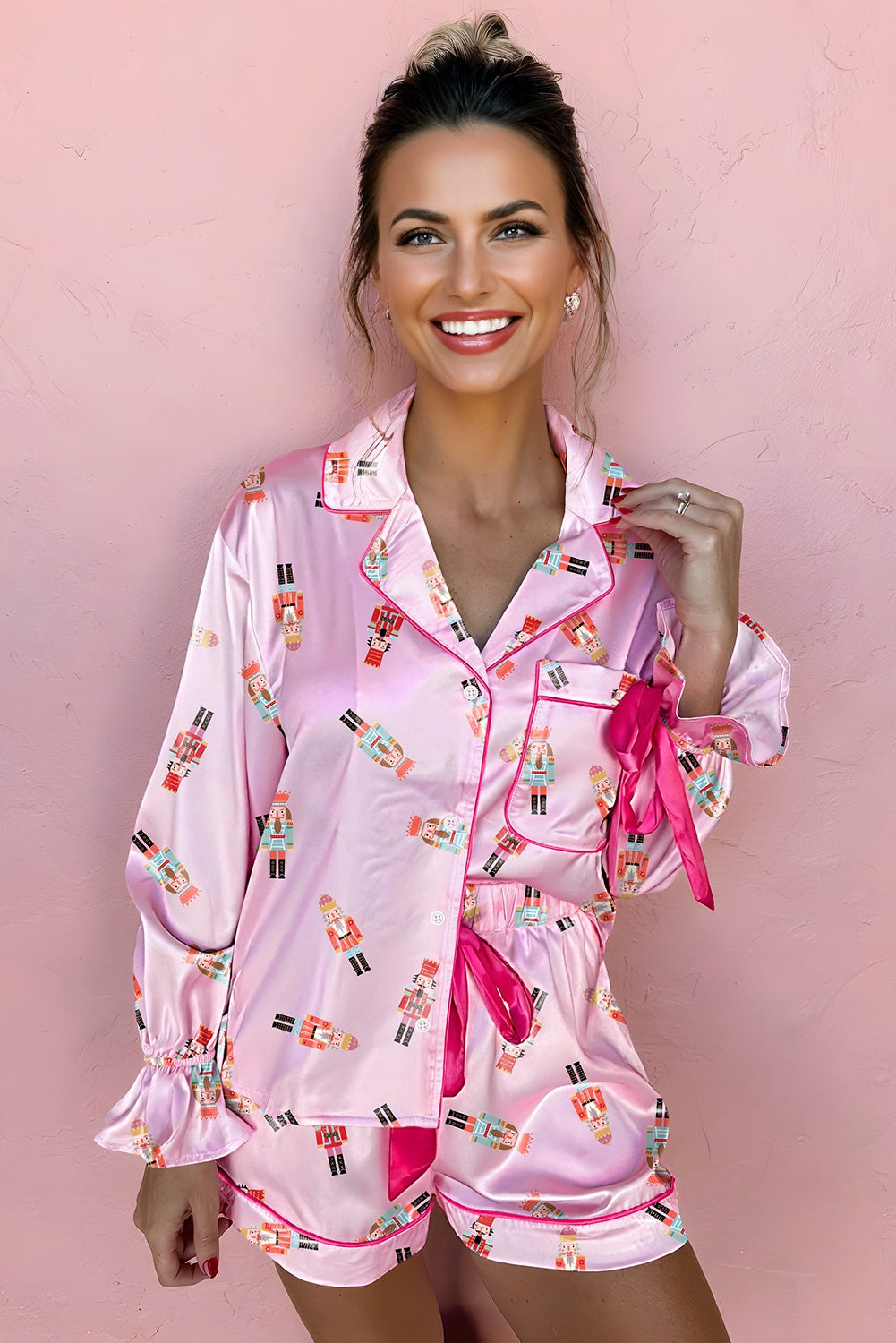 Pink Nutcracker Print Contrast Trim Tied up Bow Silky 2pcs Pajama Set-Loungewear & Sleepwear/Sleepwear-[Adult]-[Female]-2022 Online Blue Zone Planet