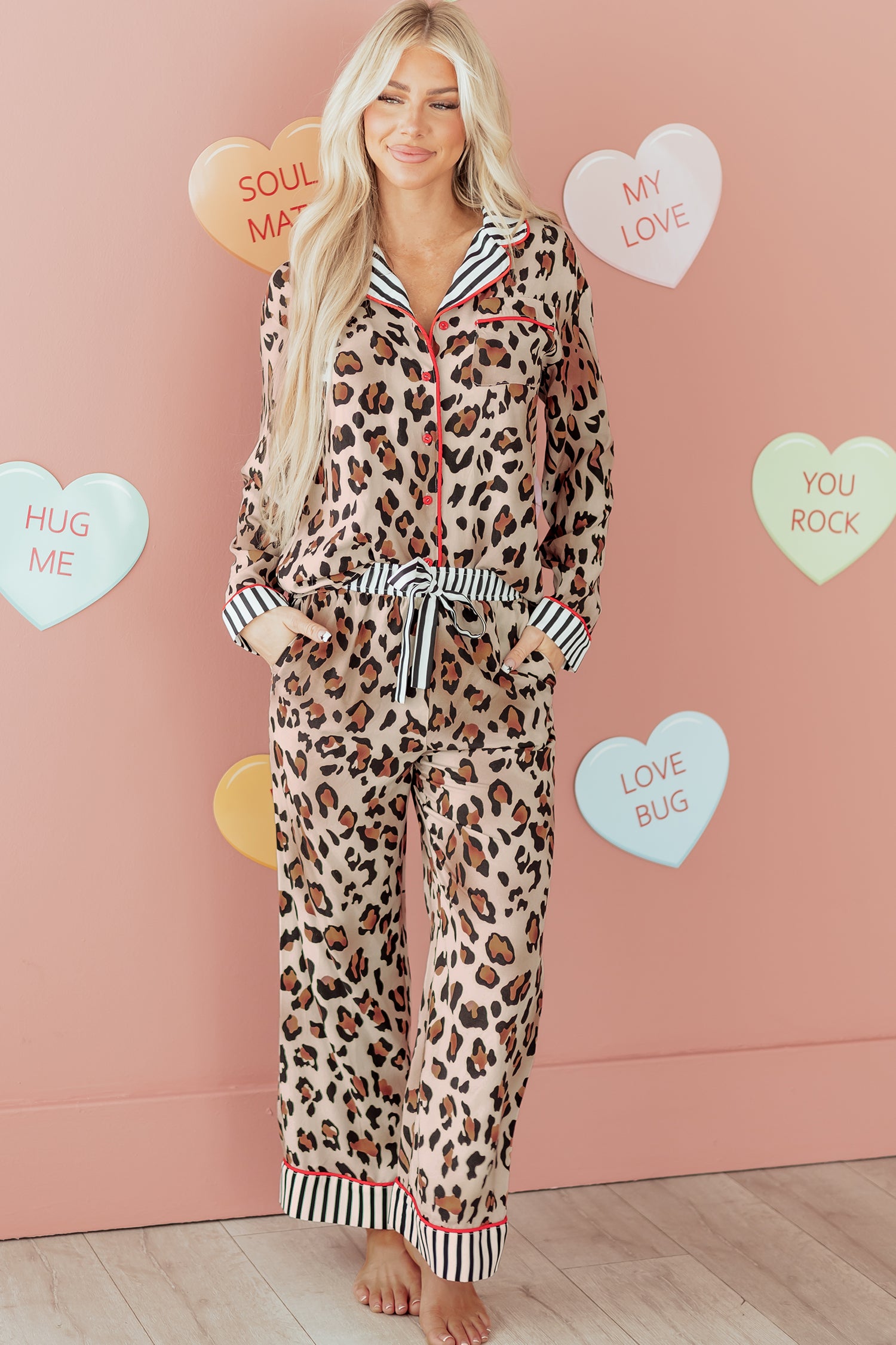 Khaki Leopard Print Colorblock Striped Edge Shirt and Pants Pajama Set-Loungewear & Sleepwear/Sleepwear-[Adult]-[Female]-2022 Online Blue Zone Planet