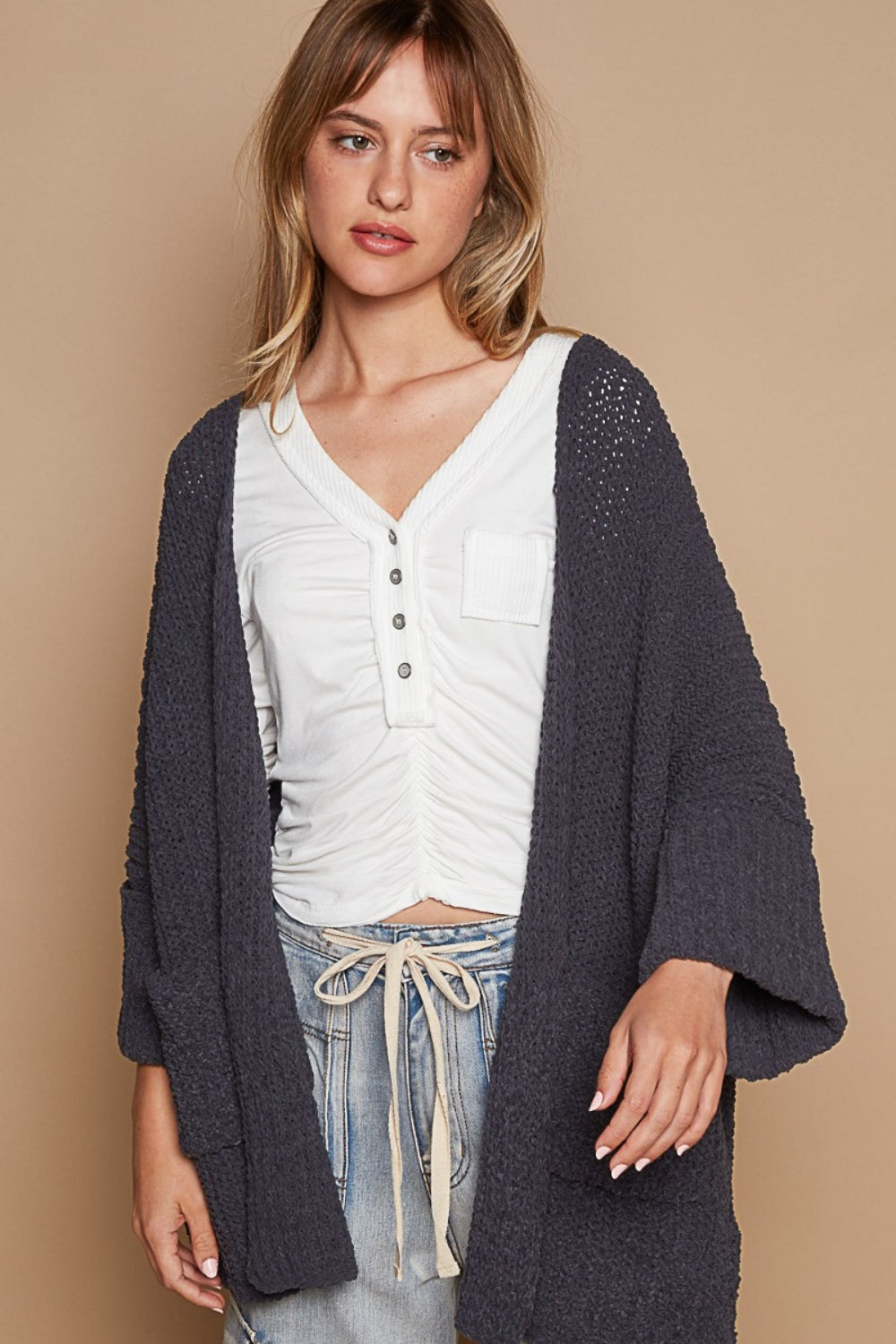 POL Open Front Sweater Cardigan with Pockets-TOPS / DRESSES-[Adult]-[Female]-Ink Charcoal-S-2022 Online Blue Zone Planet