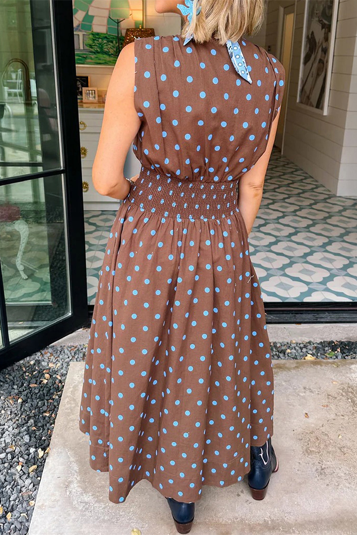Black Polka Dot Print Contrast Trim V Neck Zip Up Sleeveless Dress-TOPS / DRESSES-[Adult]-[Female]-2022 Online Blue Zone Planet