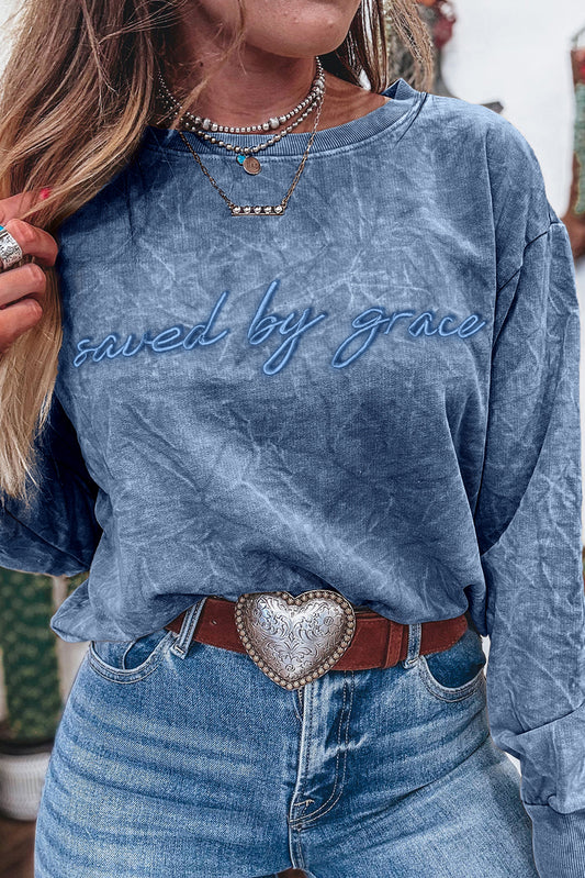 Real Teal Saved By Grace Letter Embroidery Mineral Wash Loose Sweatshirt-Tops/Sweatshirts & Hoodies-[Adult]-[Female]-2022 Online Blue Zone Planet