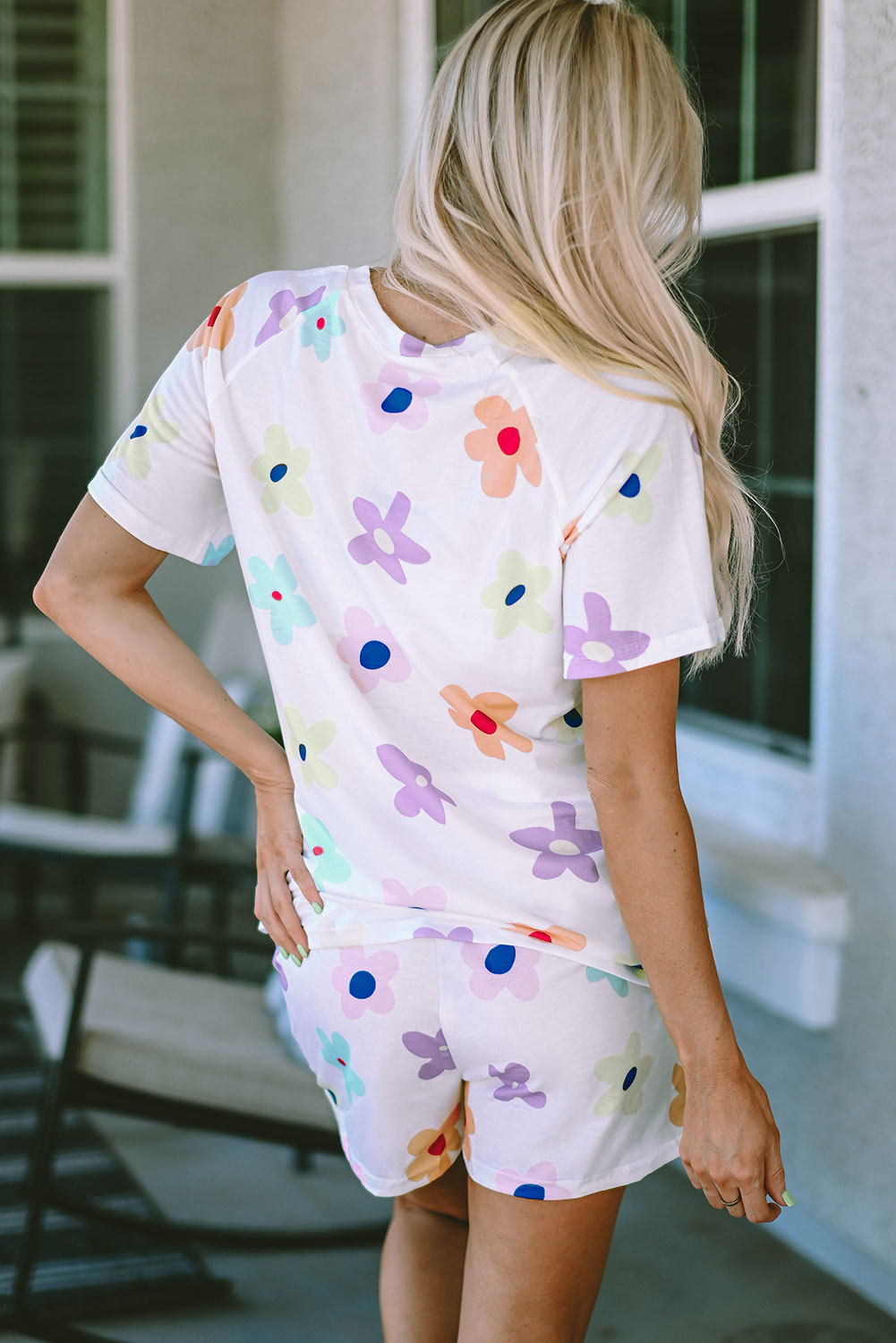 Pink Flower Print Short Sleeve High Waist Two Piece Shorts Set-Two Piece Sets/Short Sets-[Adult]-[Female]-2022 Online Blue Zone Planet