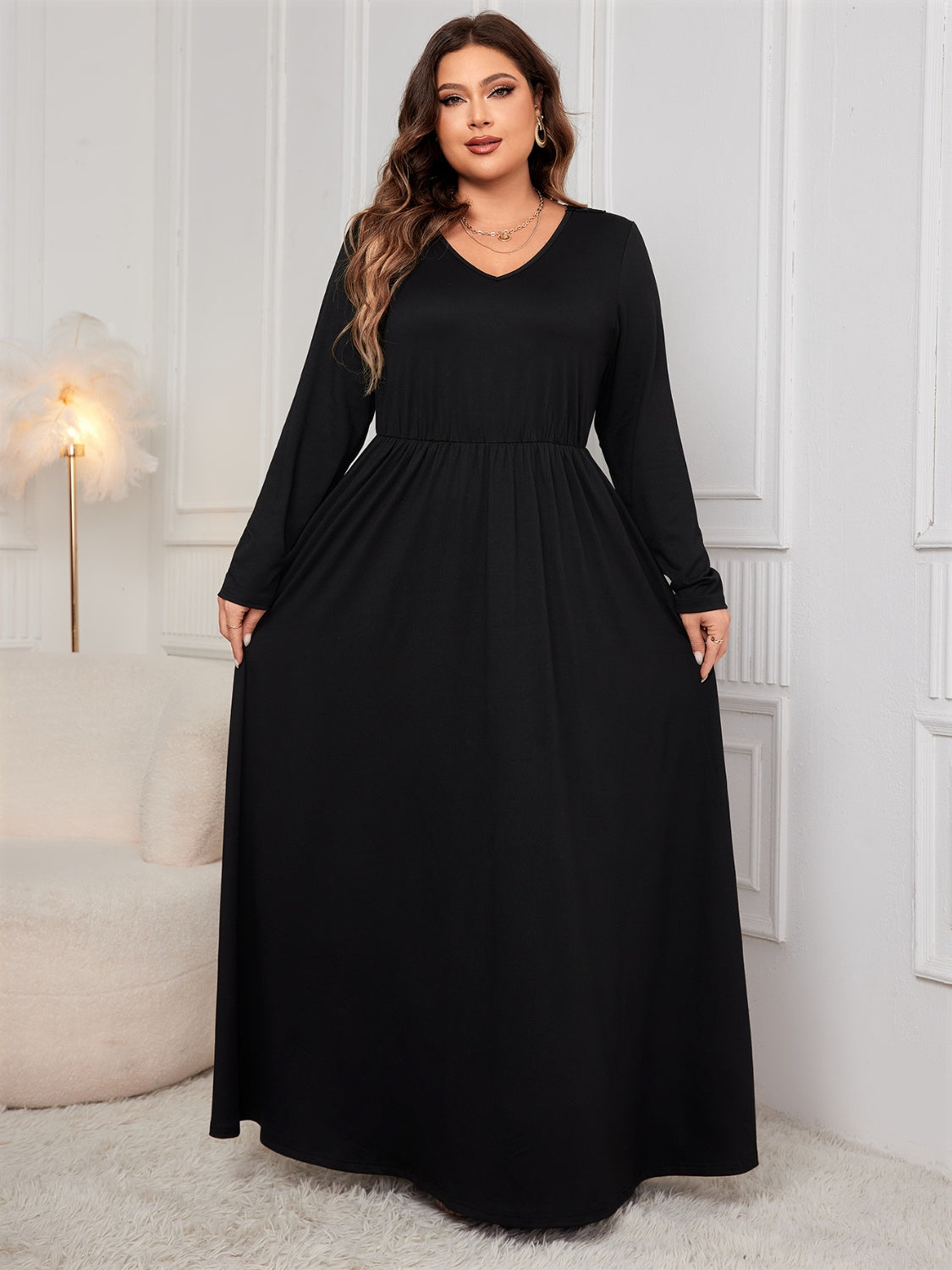 Blue Zone Planet | Plus Size Cutout V-Neck Long Sleeve Maxi Dress-TOPS / DRESSES-[Adult]-[Female]-2022 Online Blue Zone Planet