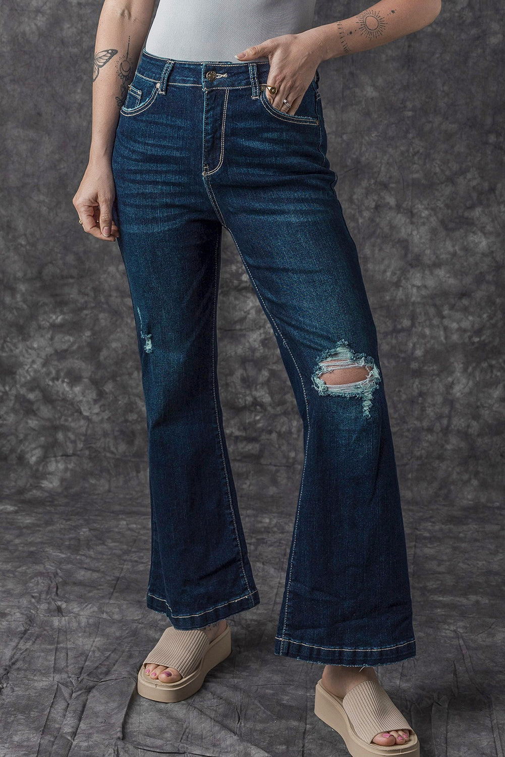Real Teal High Rise Ripped Bell Bottom Jeans-Sale (50% OFF)/30% OFF-[Adult]-[Female]-2022 Online Blue Zone Planet