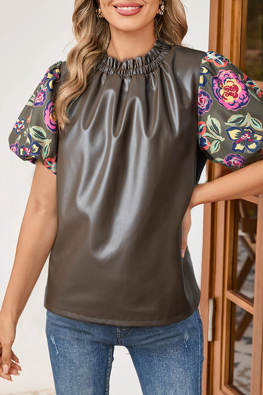 Four Leaf Clover Floral Bubble Sleeve Patchwork Leatherette Frilled Round Neck Blouse-Tops/Blouses & Shirts-[Adult]-[Female]-Four Leaf Clover-S-2022 Online Blue Zone Planet