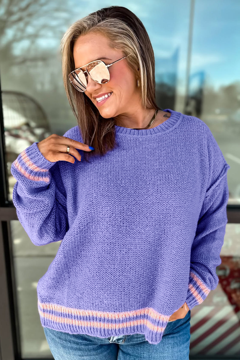 Wisteria Plus Size Striped Trim Drop Shoulder Knit Loose Sweater-TOPS / DRESSES-[Adult]-[Female]-2022 Online Blue Zone Planet