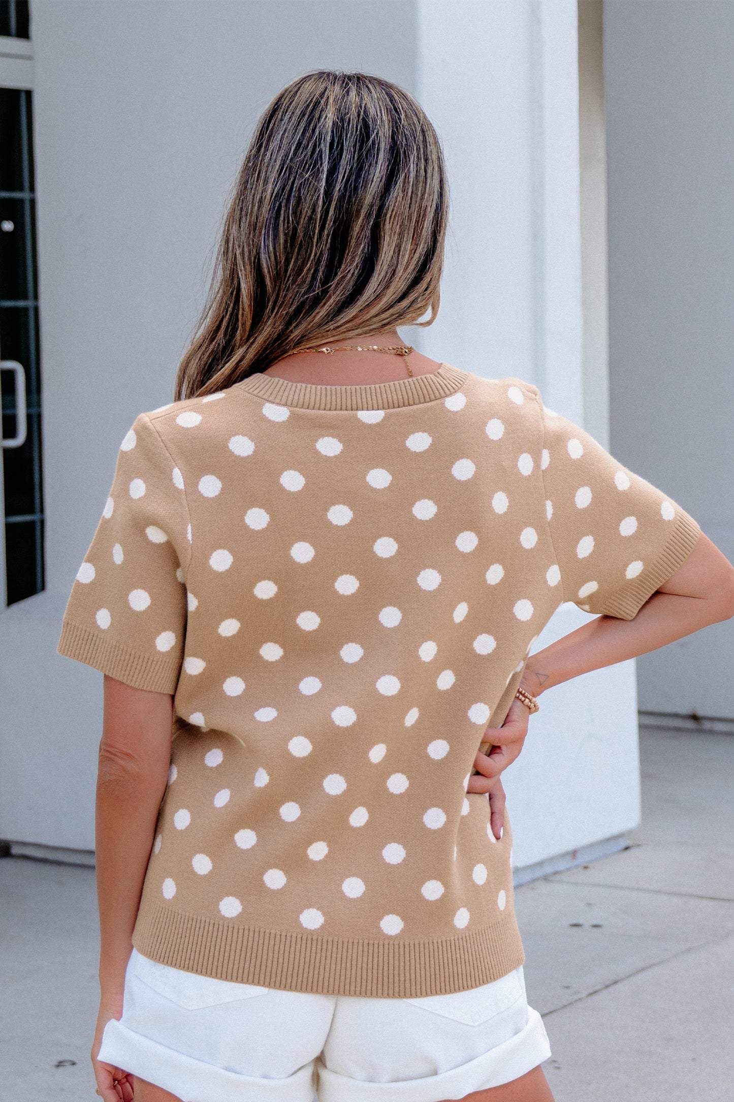 Dark Khaki Polka Dot Short Sleeve Button Down Sweater Cardigan-Sweaters & Cardigans/Cardigans-[Adult]-[Female]-2022 Online Blue Zone Planet