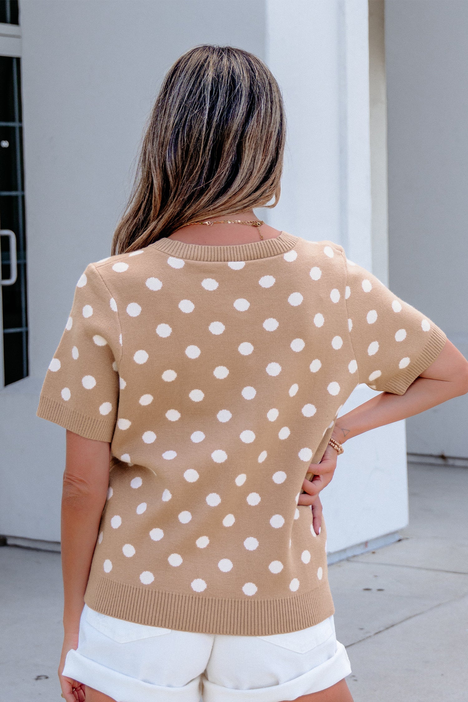 Dark Khaki Polka Dot Short Sleeve Button Down Sweater Cardigan-Sweaters & Cardigans/Cardigans-[Adult]-[Female]-2022 Online Blue Zone Planet