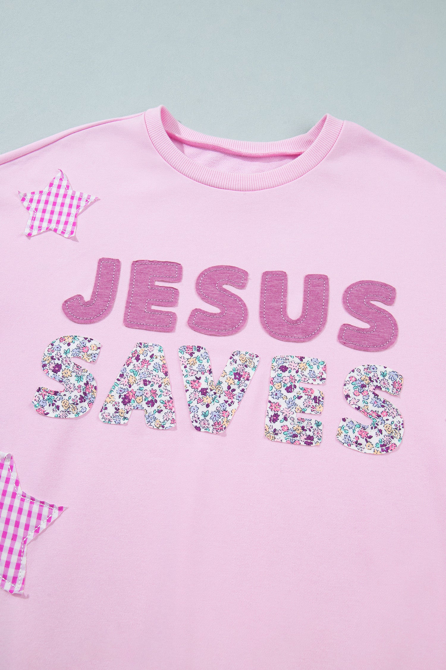 Pink Patchwork Stars Plaid Unique Floral Letters Baggy Sweatshirt-Tops/Sweatshirts & Hoodies-[Adult]-[Female]-2022 Online Blue Zone Planet