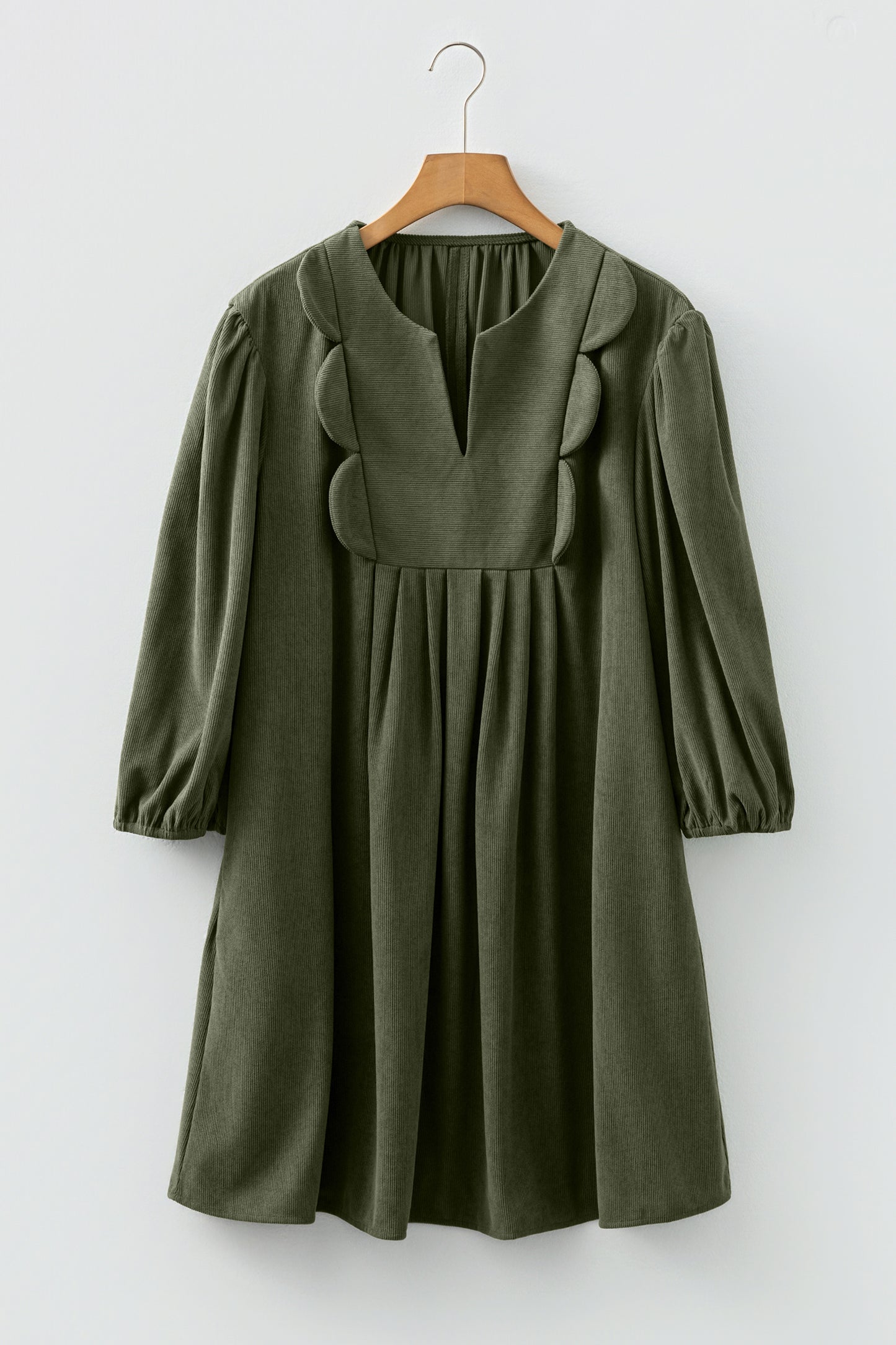 Moss Green Bracelet Sleeve Split Neck Scallop Detail Pleated Corduroy Mini Dress-TOPS / DRESSES-[Adult]-[Female]-2022 Online Blue Zone Planet