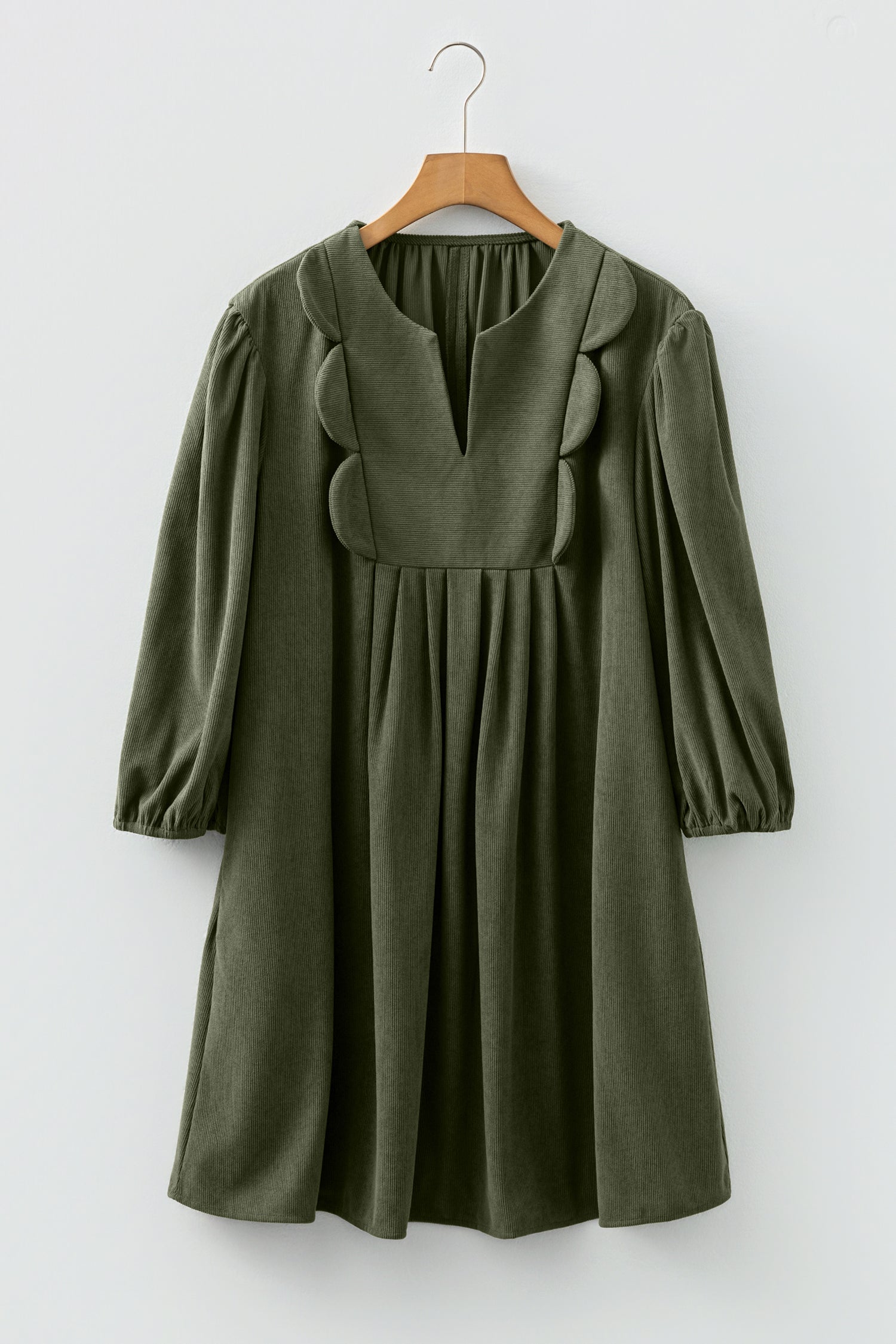 Moss Green Bracelet Sleeve Split Neck Scallop Detail Pleated Corduroy Mini Dress-TOPS / DRESSES-[Adult]-[Female]-2022 Online Blue Zone Planet