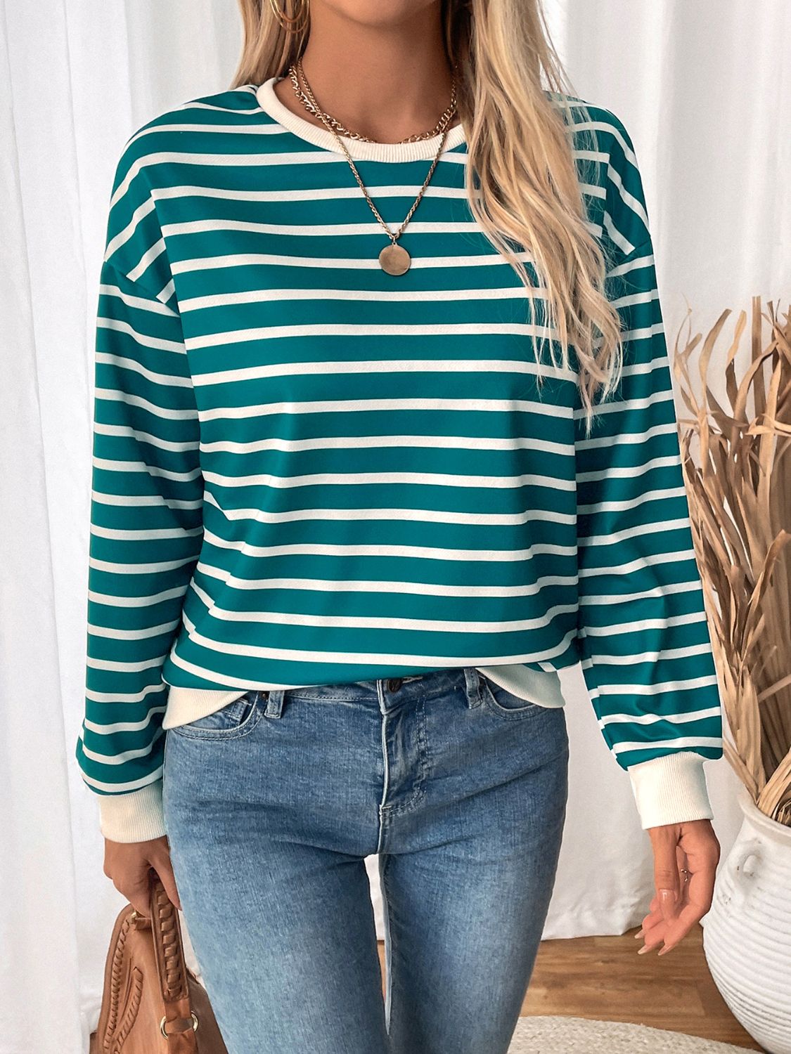 Perfee Striped Contrast Round Neck Long Sleeve Sweatshirt-TOPS / DRESSES-[Adult]-[Female]-2022 Online Blue Zone Planet