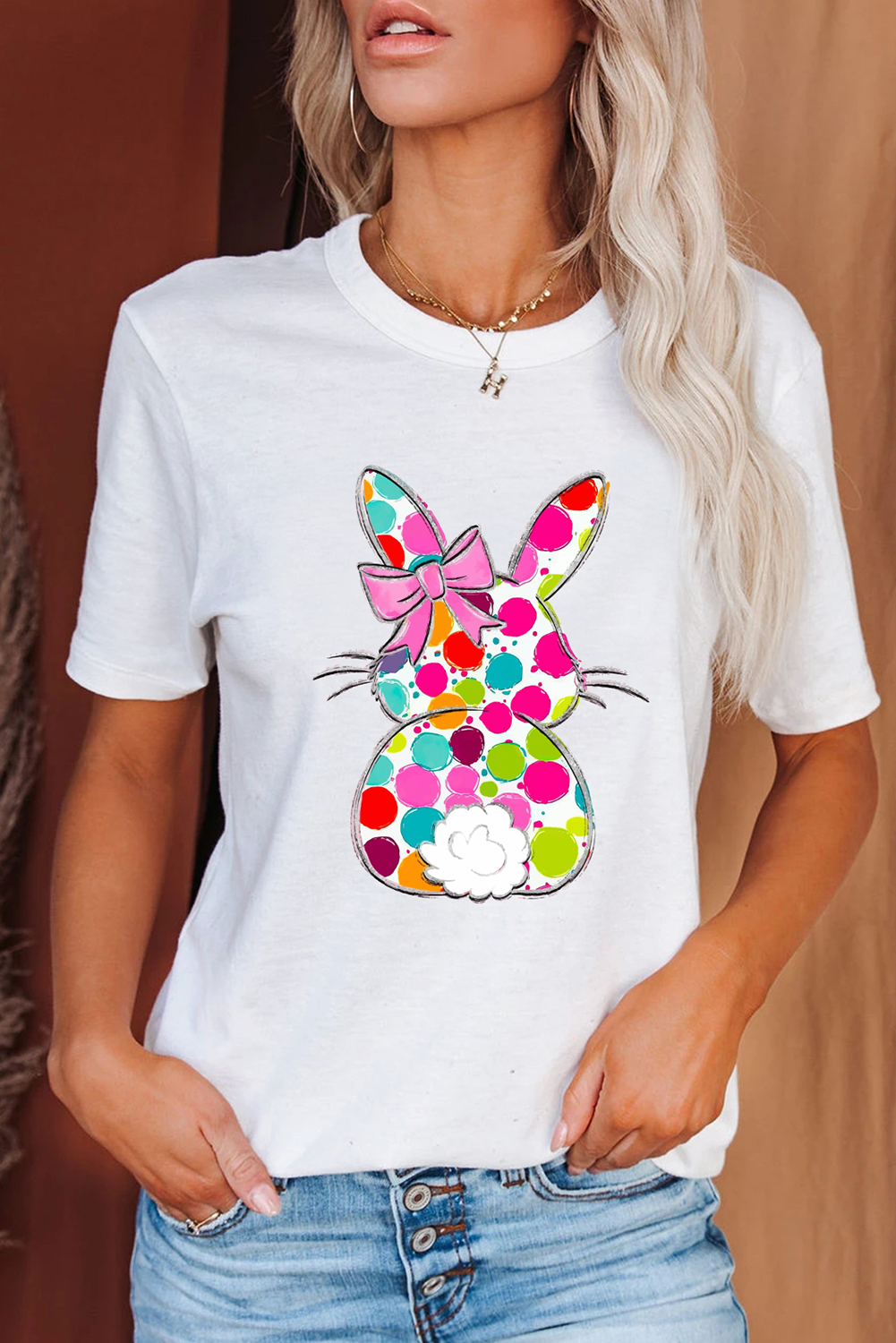 White Polka Dot Bow Rabbit Graphic Crewneck Easter Fashion Tee-Graphic/Graphic Tees-[Adult]-[Female]-2022 Online Blue Zone Planet