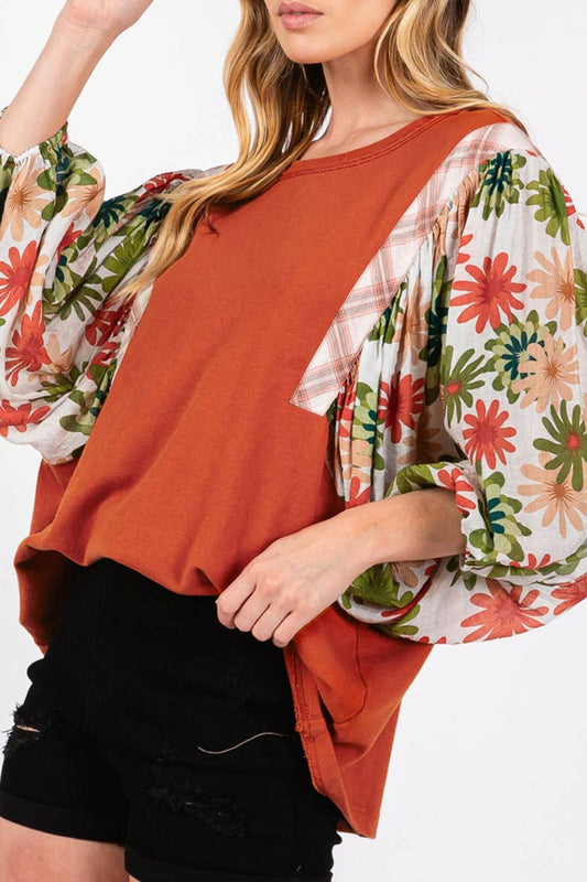 Printed Round Neck Balloon Sleeve Blouse-TOPS / DRESSES-[Adult]-[Female]-Orange-Red-S-2022 Online Blue Zone Planet