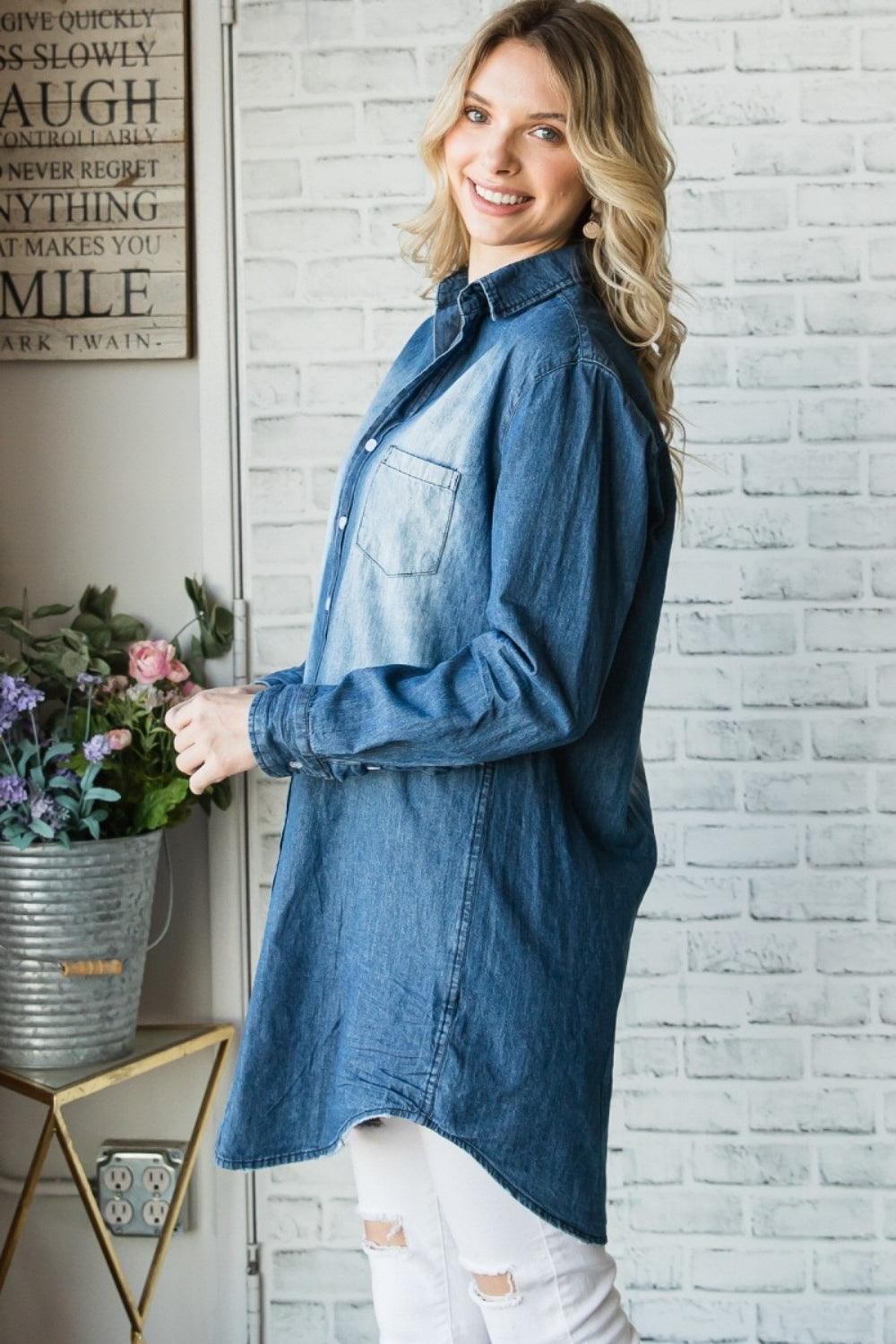 Blue Zone Planet | Veveret Pocketed Button Up Washed Denim Shirt-TOPS / DRESSES-[Adult]-[Female]-2022 Online Blue Zone Planet