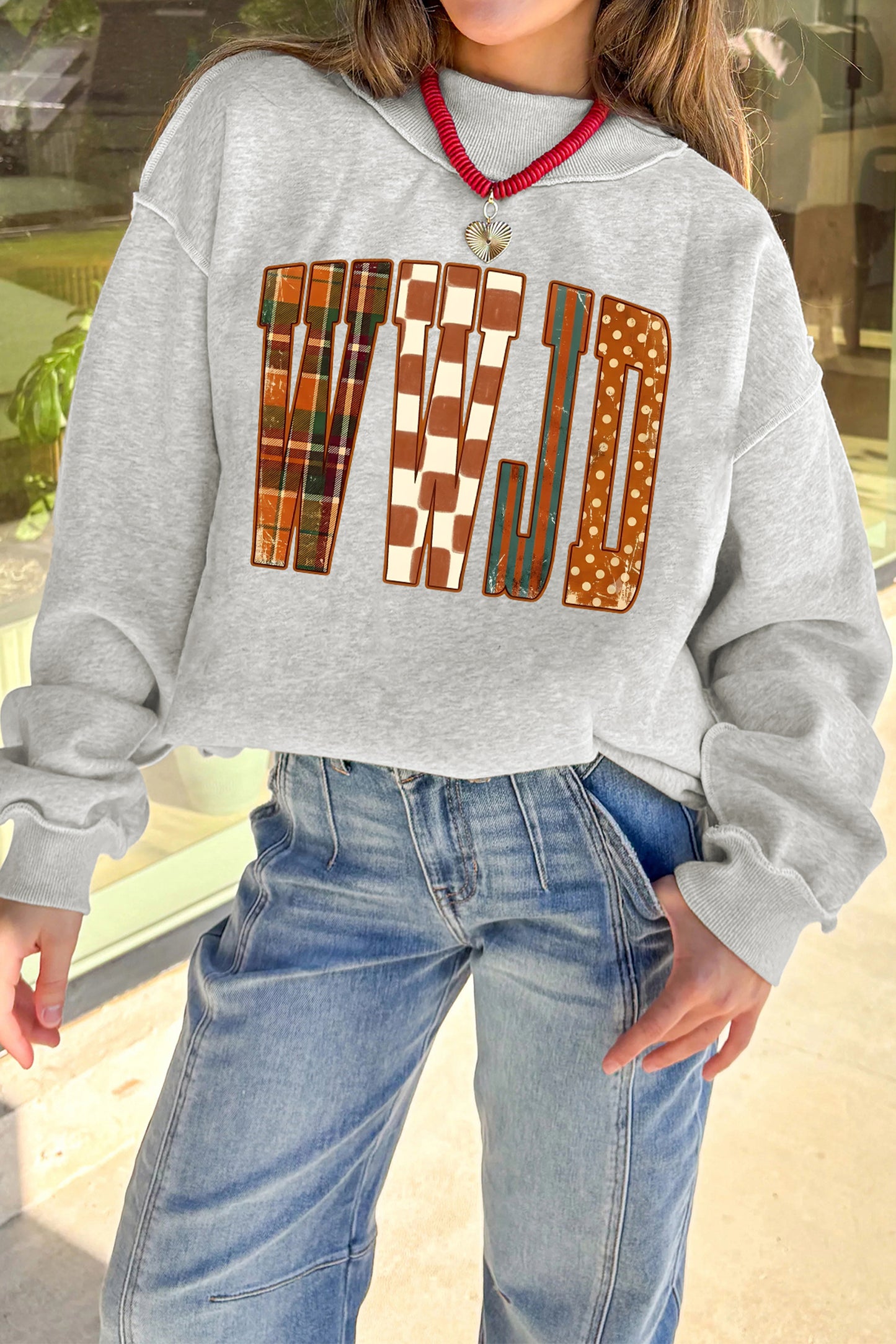 Light Grey WWJD Graphic Mock Neck Oversized Sweatshirt-Graphic/Graphic Sweatshirts-[Adult]-[Female]-2022 Online Blue Zone Planet