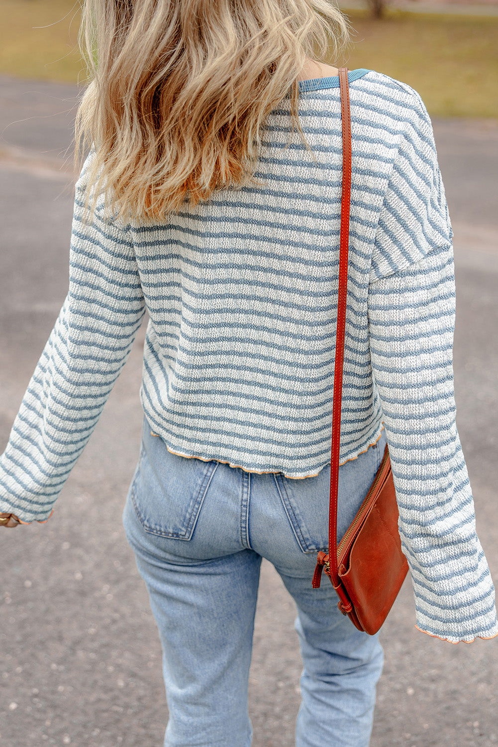 Blue Zone Planet | Brown Stripe Textured Frilly Trim Buttons Henley Long Sleeve Top-Tops/Long Sleeve Tops-[Adult]-[Female]-2022 Online Blue Zone Planet