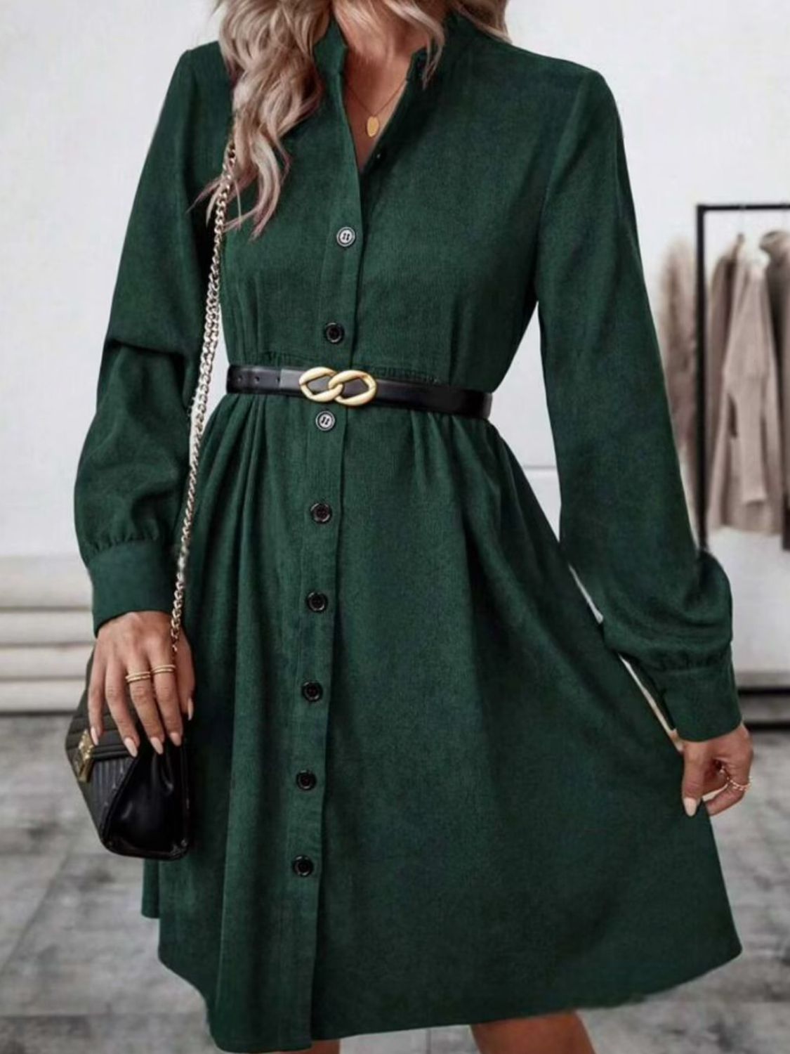 Blue Zone Planet | Ruched Button Up Long Sleeve Dress-TOPS / DRESSES-[Adult]-[Female]-Dark Green-S-2022 Online Blue Zone Planet