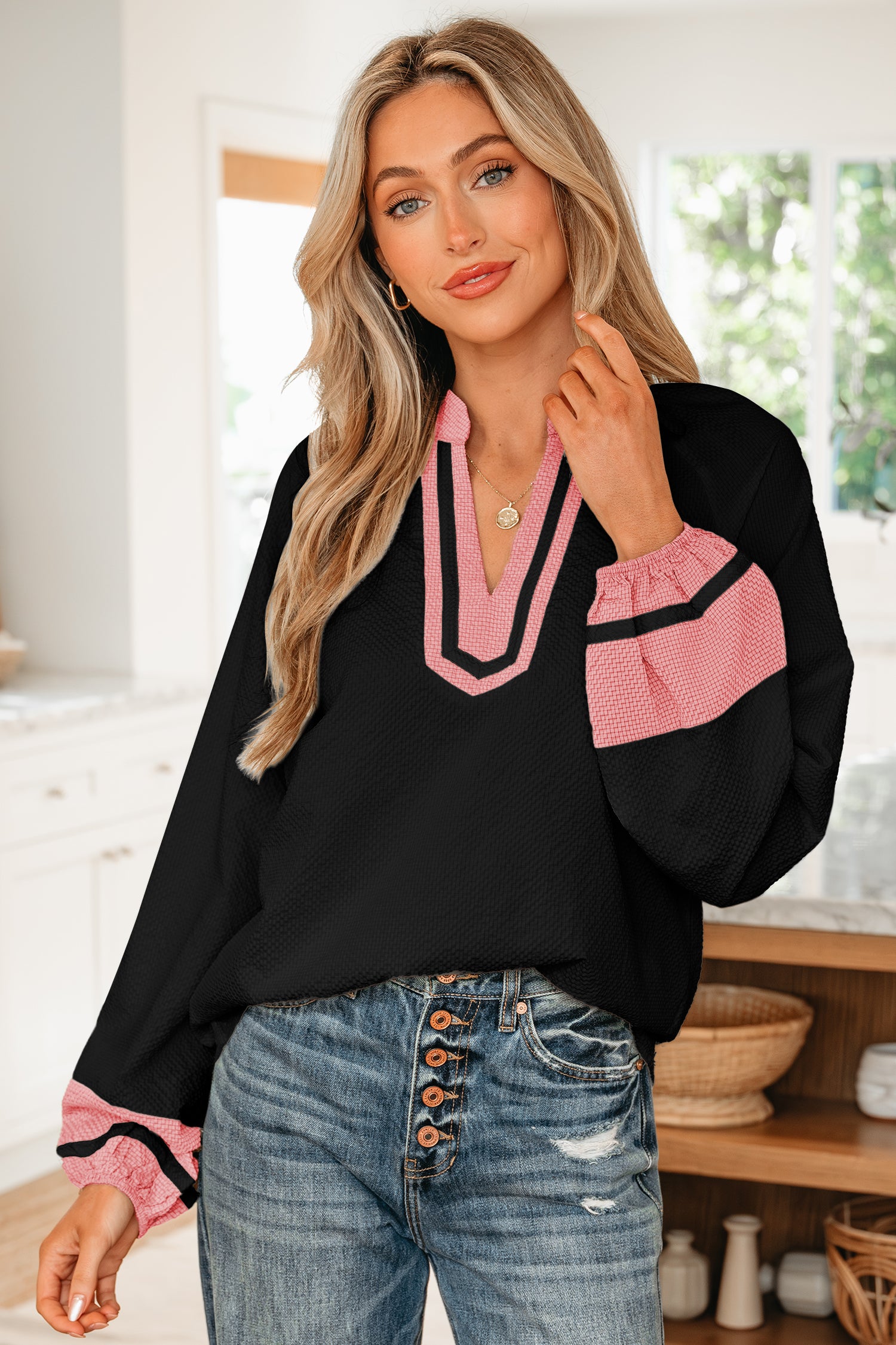 Black Color Block Patchwork Detail V Neck Textured Long Sleeve Blouse-Tops/Blouses & Shirts-[Adult]-[Female]-2022 Online Blue Zone Planet