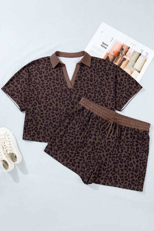 Brown Plus Size Leopard Short Set-Plus Size/Plus Size Loungewear-[Adult]-[Female]-2022 Online Blue Zone Planet