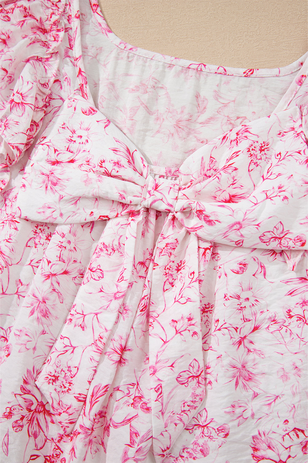 Pink Floral Ruffled Short Sleeve Bow Back Square Neck Blouse-Tops/Blouses & Shirts-[Adult]-[Female]-2022 Online Blue Zone Planet