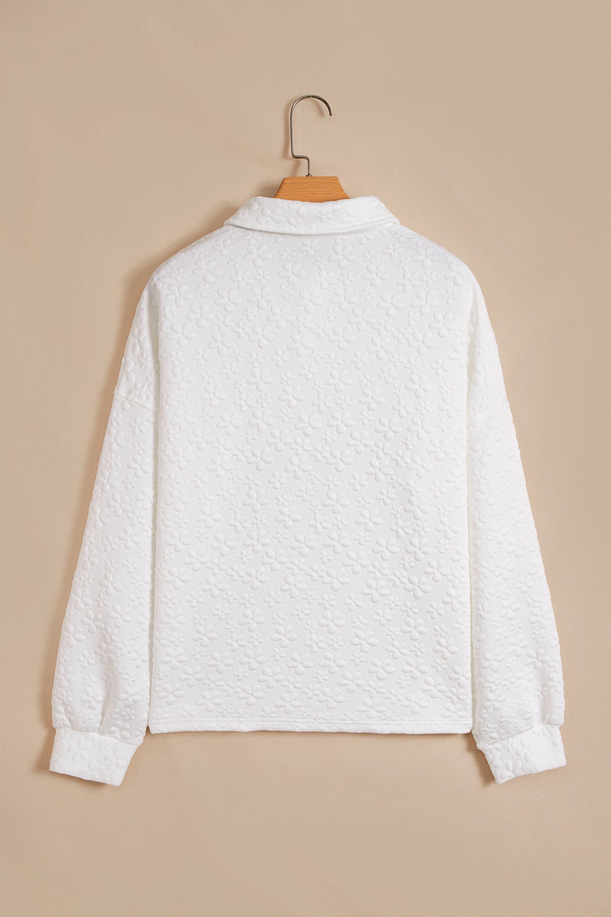 White Solid Color Textured Relaxed Button Collar Pullover Sweatshirt-Tops/Sweatshirts & Hoodies-[Adult]-[Female]-2022 Online Blue Zone Planet
