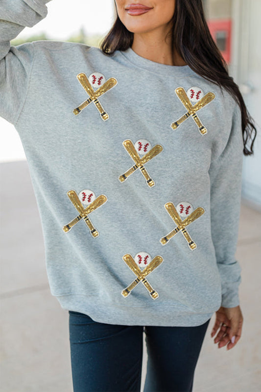 Gray Sequin Baseball Game Day Graphic Casual Sweatshirt-Graphic/Graphic Sweatshirts-[Adult]-[Female]-Gray-S-2022 Online Blue Zone Planet