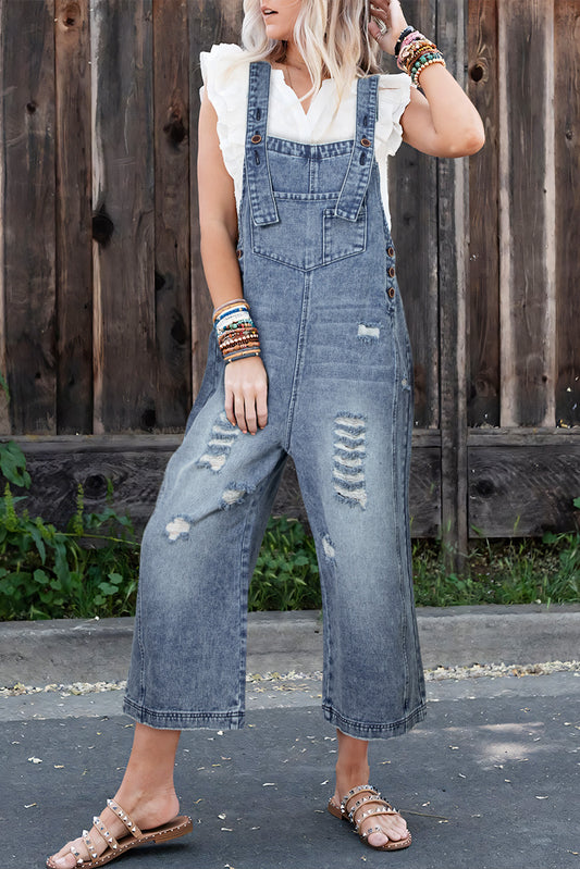 Stone Blue Distressed Bib Pocket Wide Leg Denim Overall-Bottoms/Jumpsuits & Rompers-[Adult]-[Female]-Stone Blue-S-2022 Online Blue Zone Planet