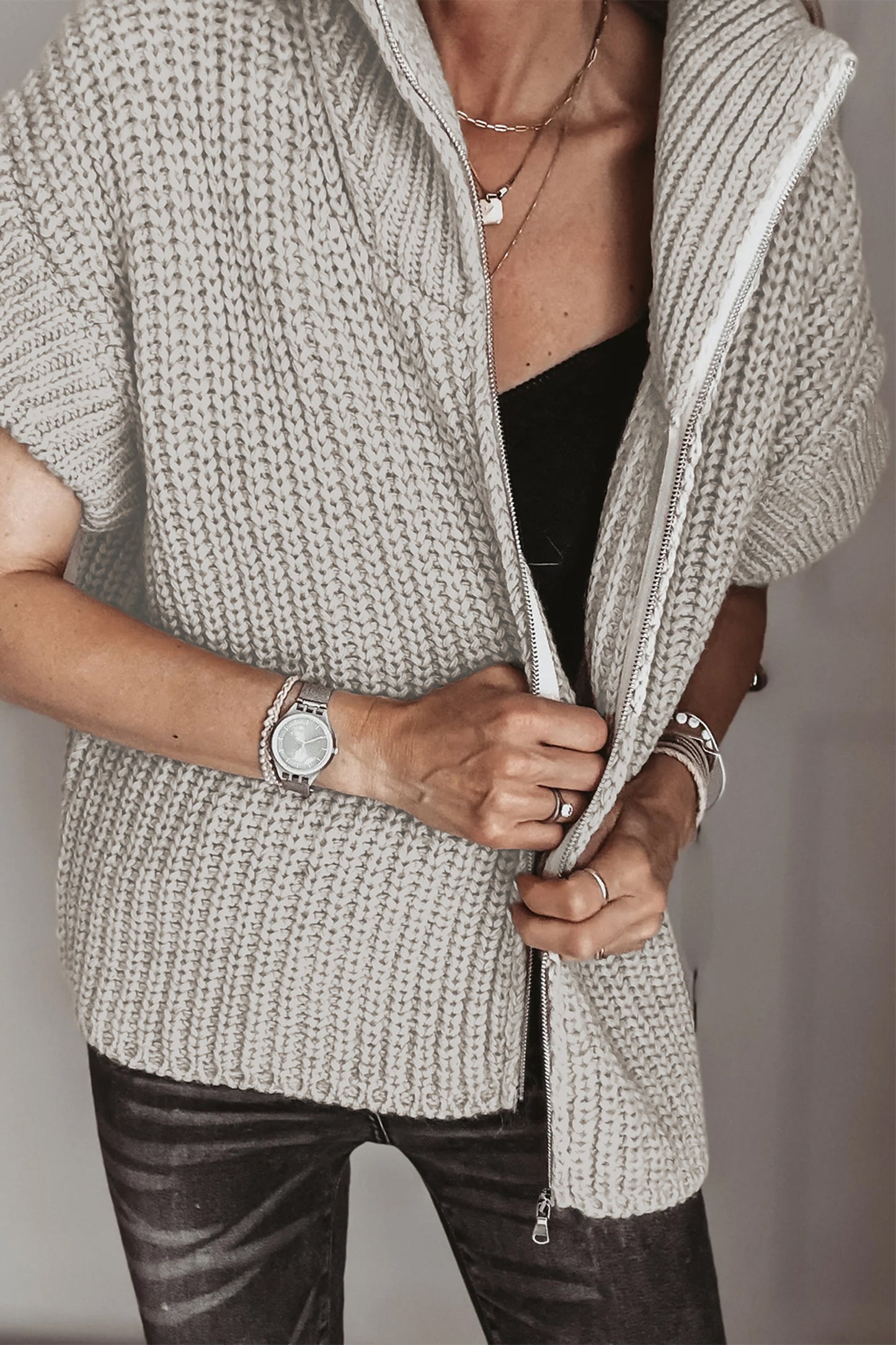 Jet Stream Solid Color Short Sleeve Zipper Knit High Neck Sweater-Sweaters & Cardigans/Short Sleeve Sweaters-[Adult]-[Female]-2022 Online Blue Zone Planet