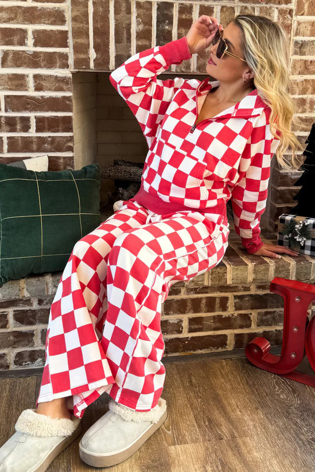 Red Checkered Print Half Zip Hoodie Loose Pant Set-Two Piece Sets/Pant Sets-[Adult]-[Female]-2022 Online Blue Zone Planet