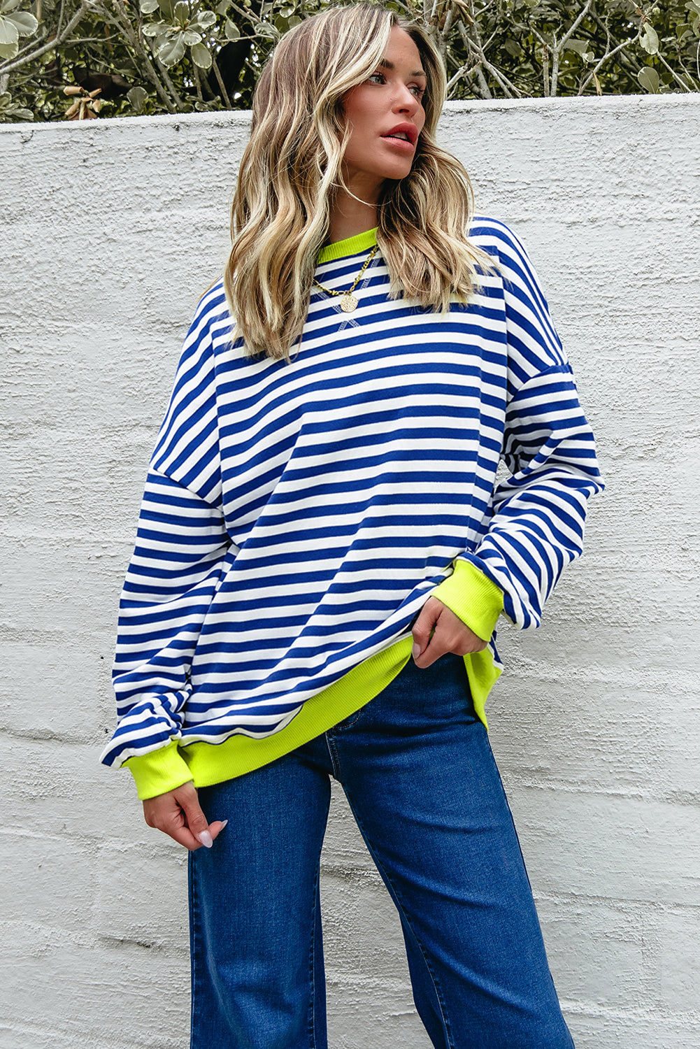 Sky Blue Stripe Striped Contrast Ribbed Trim Crossed Stitch Drop Shoulder Sweatshirt-Tops/Sweatshirts & Hoodies-[Adult]-[Female]-2022 Online Blue Zone Planet