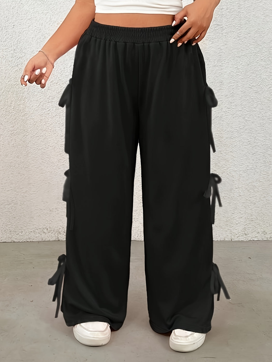 Plus Size Bow Elastic Waist Wide Leg Pants-BOTTOMS SIZES SMALL MEDIUM LARGE-[Adult]-[Female]-2022 Online Blue Zone Planet