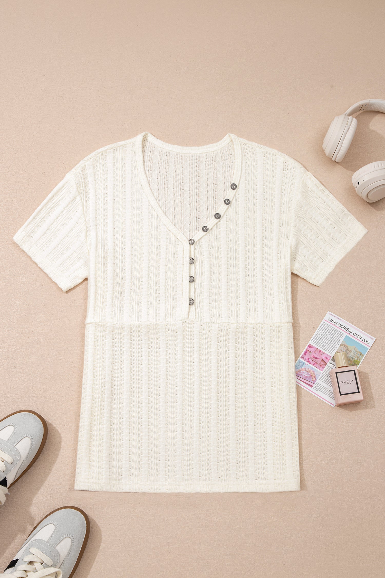 White Solid Color Textured Button V Neck Raw Seam Henley Tee-Tops/Tops & Tees-[Adult]-[Female]-2022 Online Blue Zone Planet