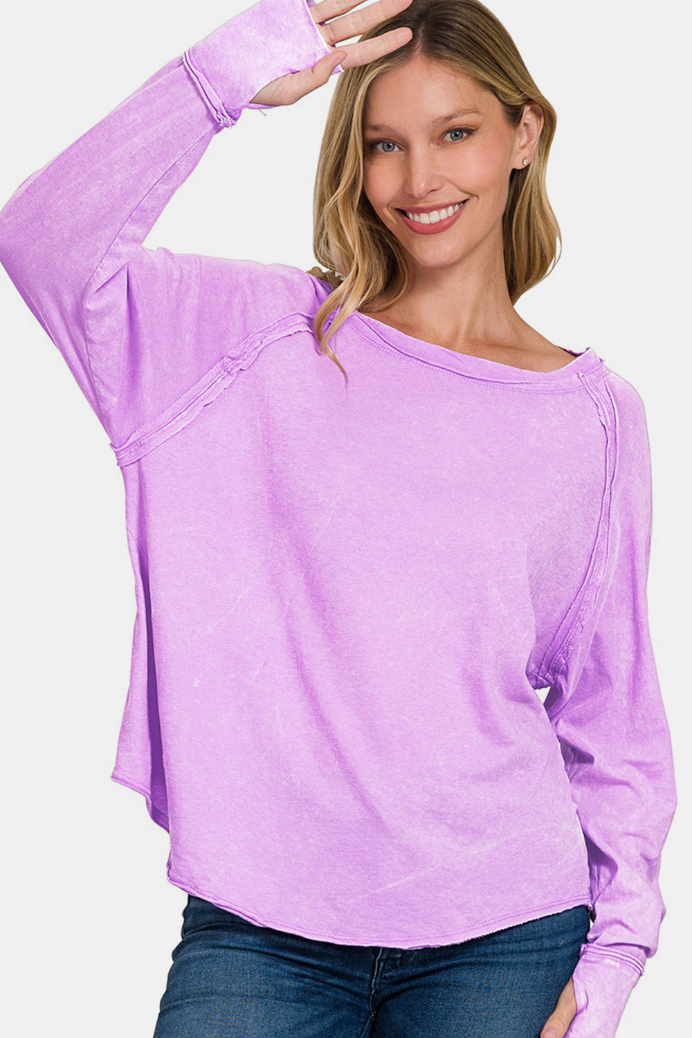 Zenana Round Neck Thumbhole Long Sleeve T-Shirt-TOPS / DRESSES-[Adult]-[Female]-Lavender-S-2022 Online Blue Zone Planet