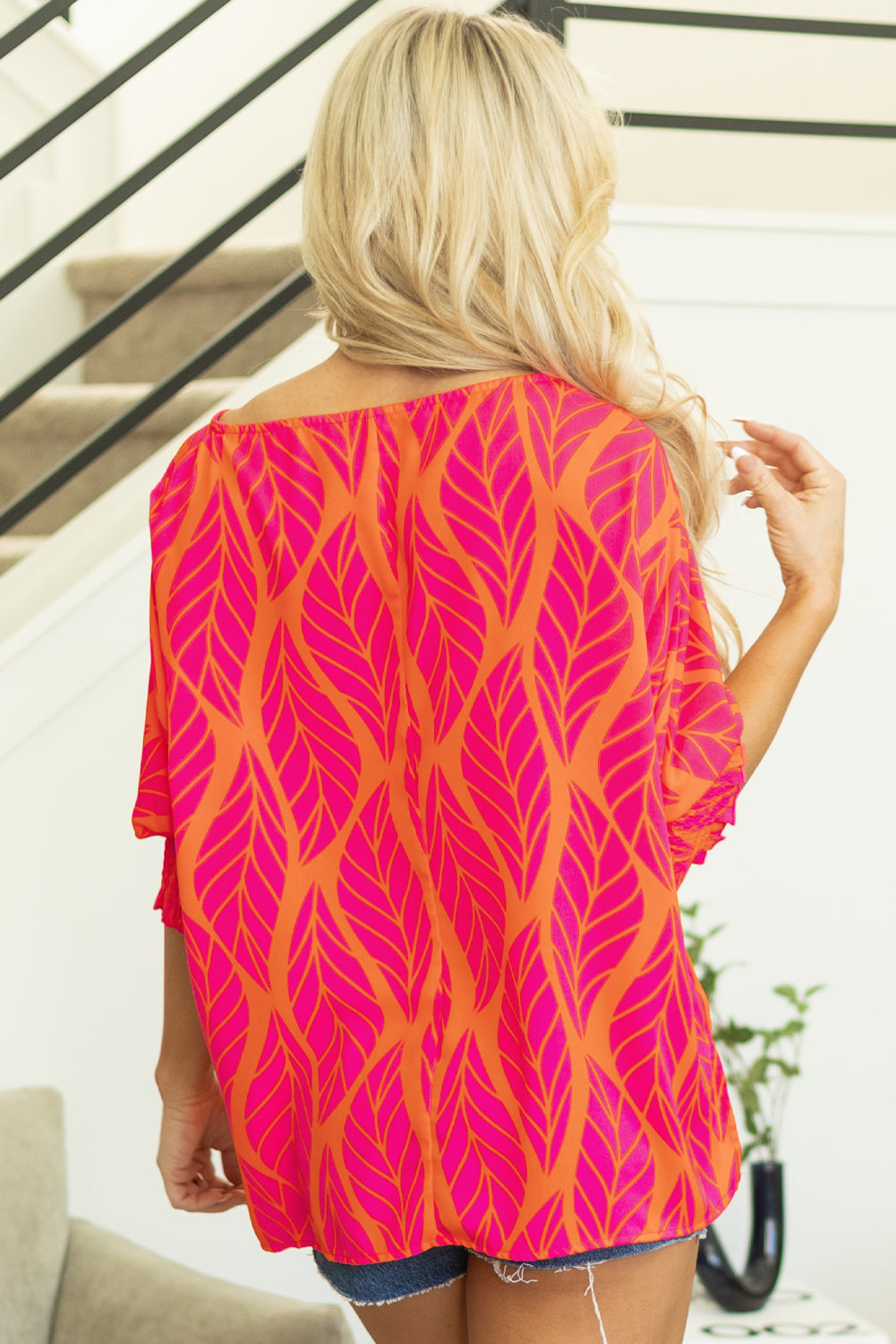 Blue Zone Planet | Rose Tropical Leaf Print Smocked Puff Sleeve Blouse-Tops/Blouses & Shirts-[Adult]-[Female]-2022 Online Blue Zone Planet