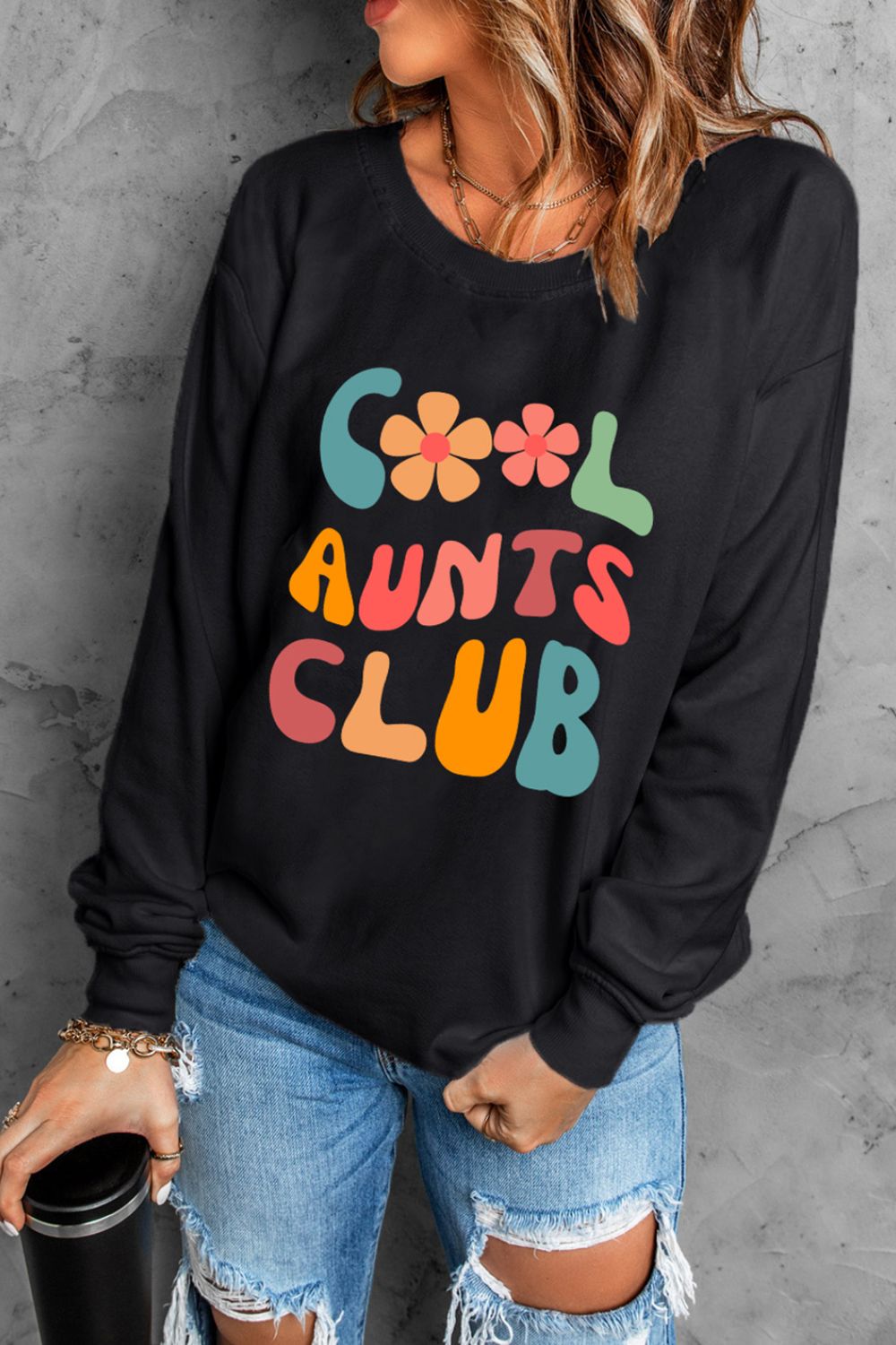Letter Graphic Round Neck Long Sleeve Sweatshirt-TOPS / DRESSES-[Adult]-[Female]-2022 Online Blue Zone Planet
