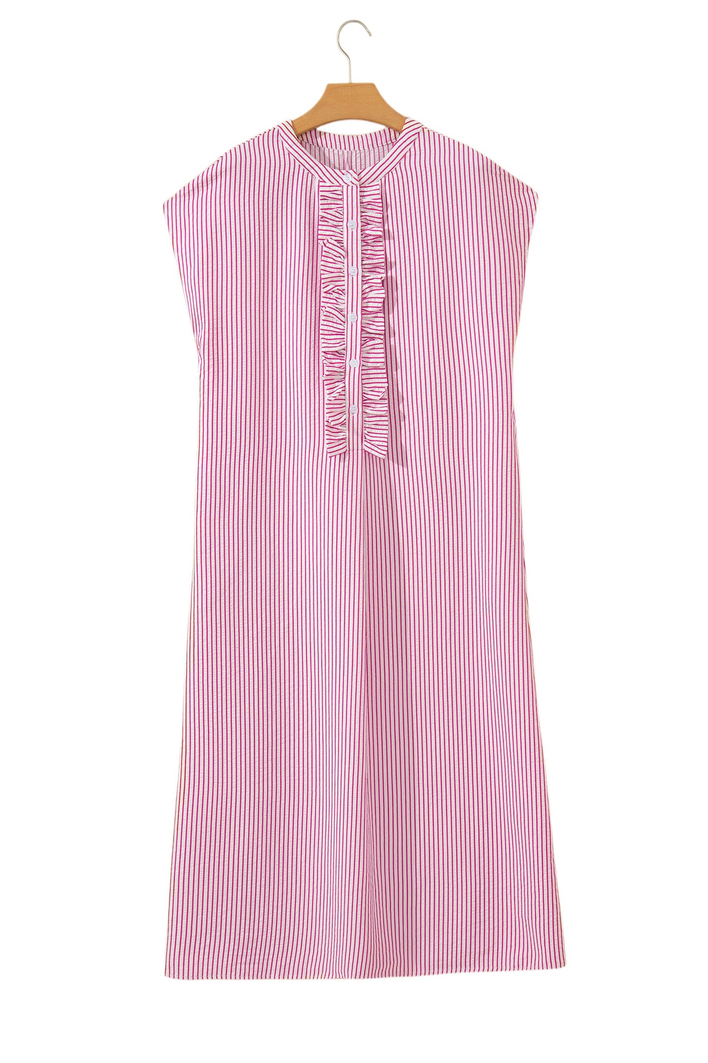 Red Stripe Frilled Detail Half Buttons Short Sleeve Long Dress-TOPS / DRESSES-[Adult]-[Female]-2022 Online Blue Zone Planet