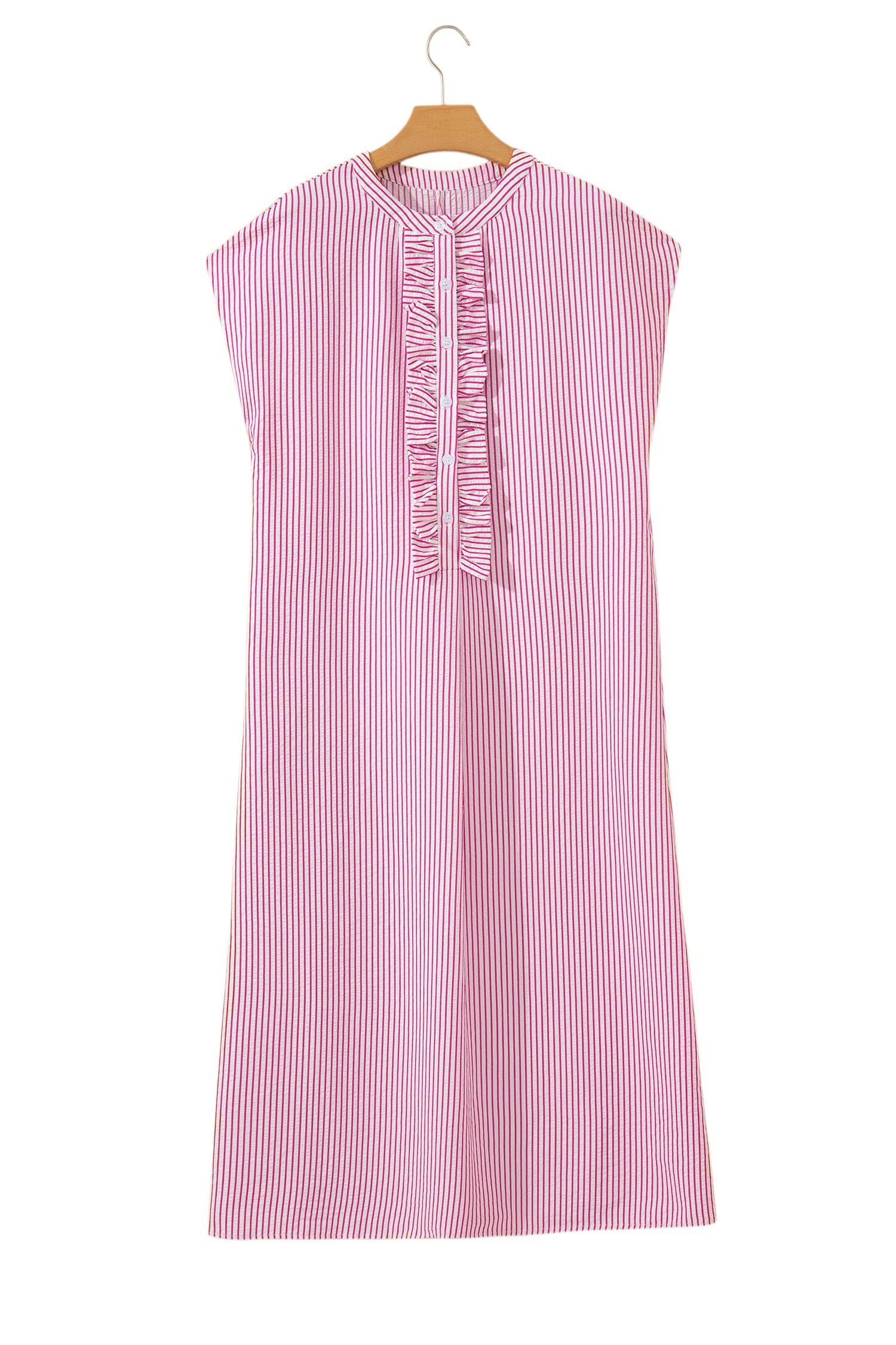 Red Stripe Frilled Detail Half Buttons Short Sleeve Long Dress-TOPS / DRESSES-[Adult]-[Female]-2022 Online Blue Zone Planet