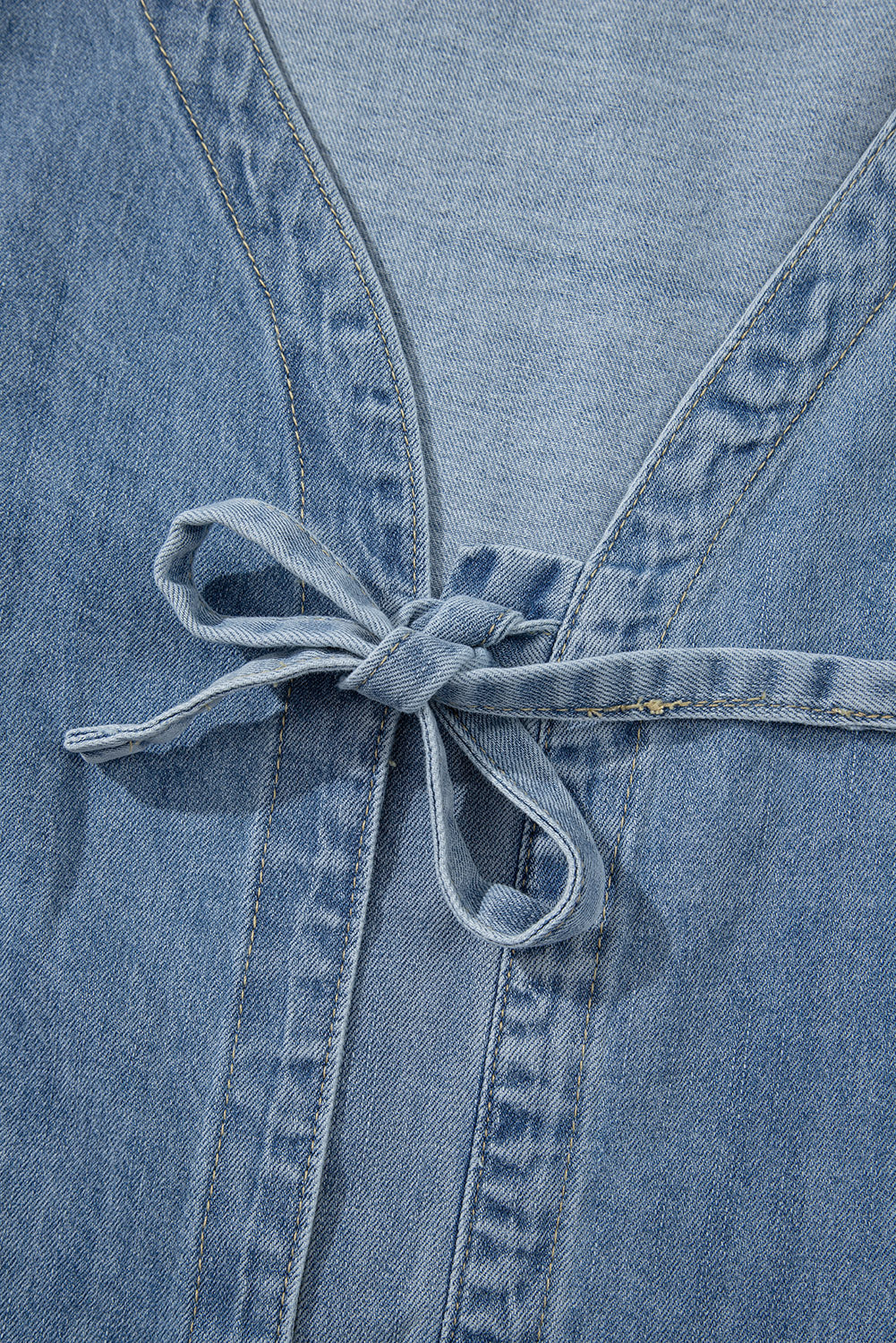 Dusk Blue Tied Front Long Puff Sleeve Denim Top-Tops/Blouses & Shirts-[Adult]-[Female]-2022 Online Blue Zone Planet