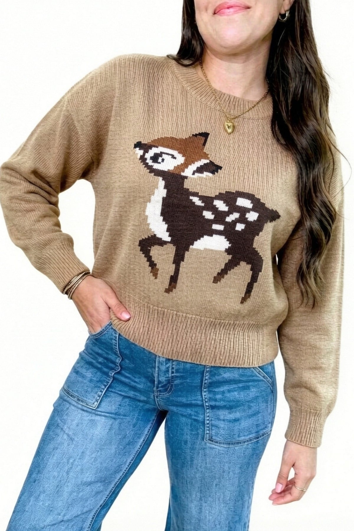 Light French Beige Cute Deer Pattern Round Neck Casual Pullover Sweater-TOPS / DRESSES-[Adult]-[Female]-2022 Online Blue Zone Planet