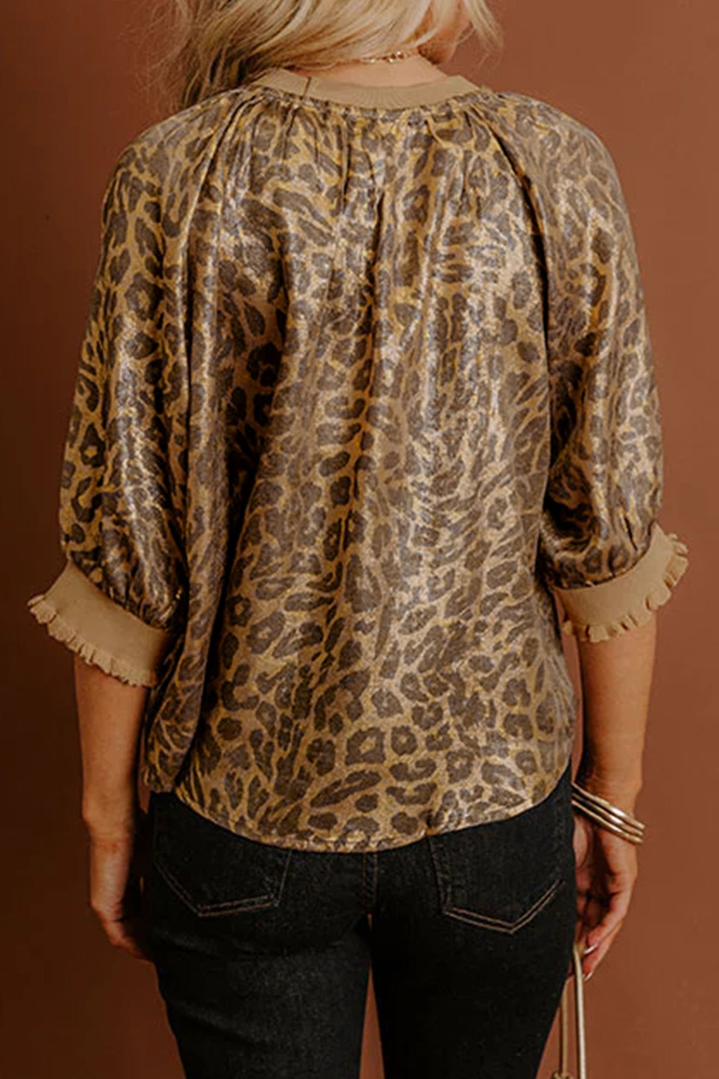 Gold Half Sleeve Metallic Leopard Print Blouse-Tops/Blouses & Shirts-[Adult]-[Female]-2022 Online Blue Zone Planet