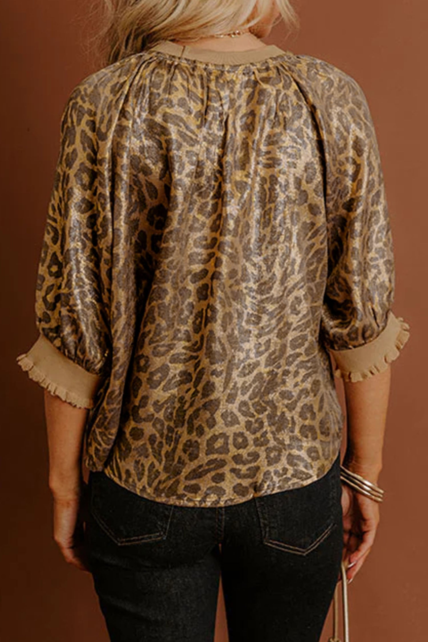 Gold Half Sleeve Metallic Leopard Print Blouse-Tops/Blouses & Shirts-[Adult]-[Female]-2022 Online Blue Zone Planet