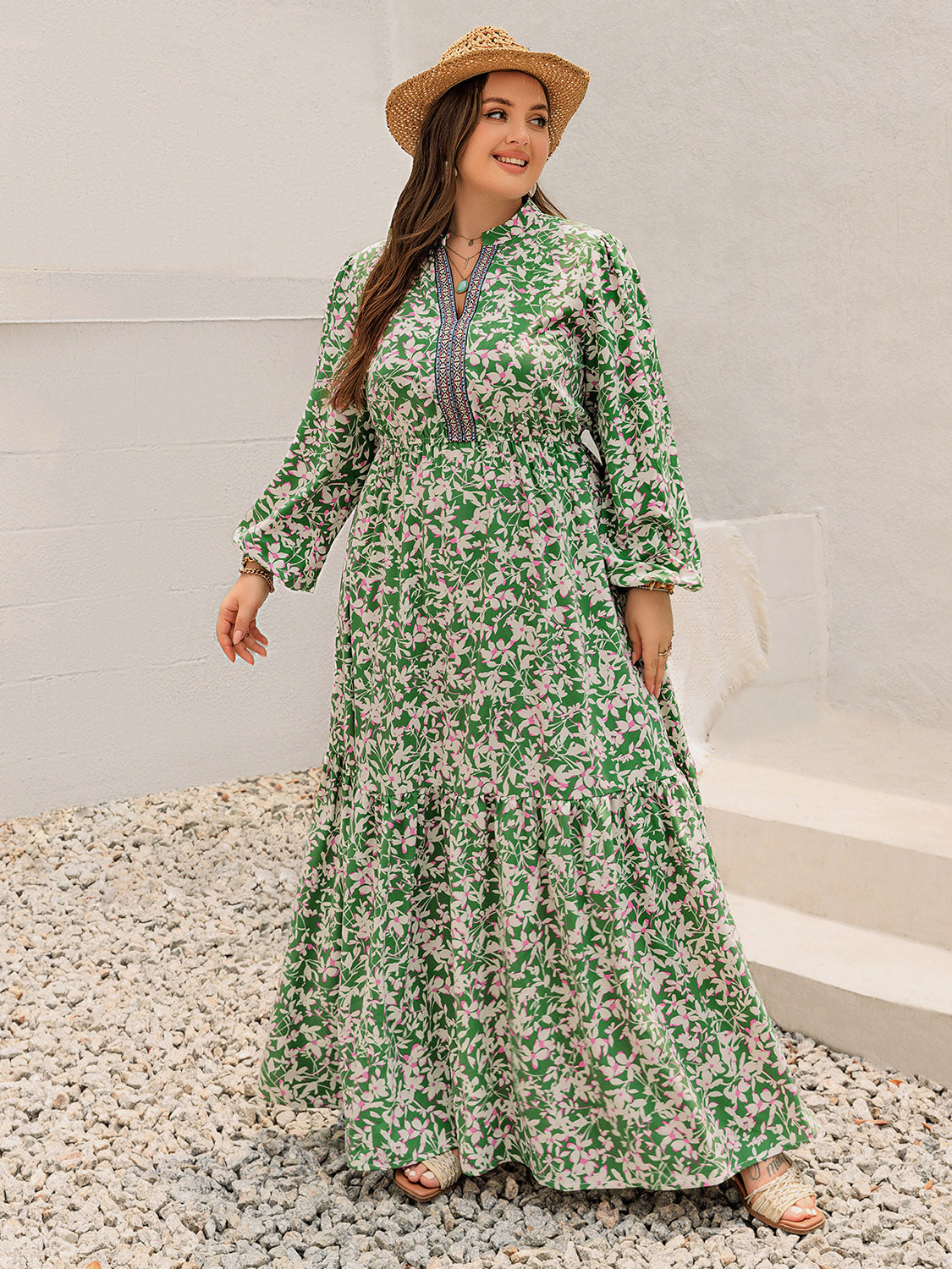 Blue Zone Planet | Plus Size Printed Notched Long Sleeve Maxi Dress-TOPS / DRESSES-[Adult]-[Female]-2022 Online Blue Zone Planet